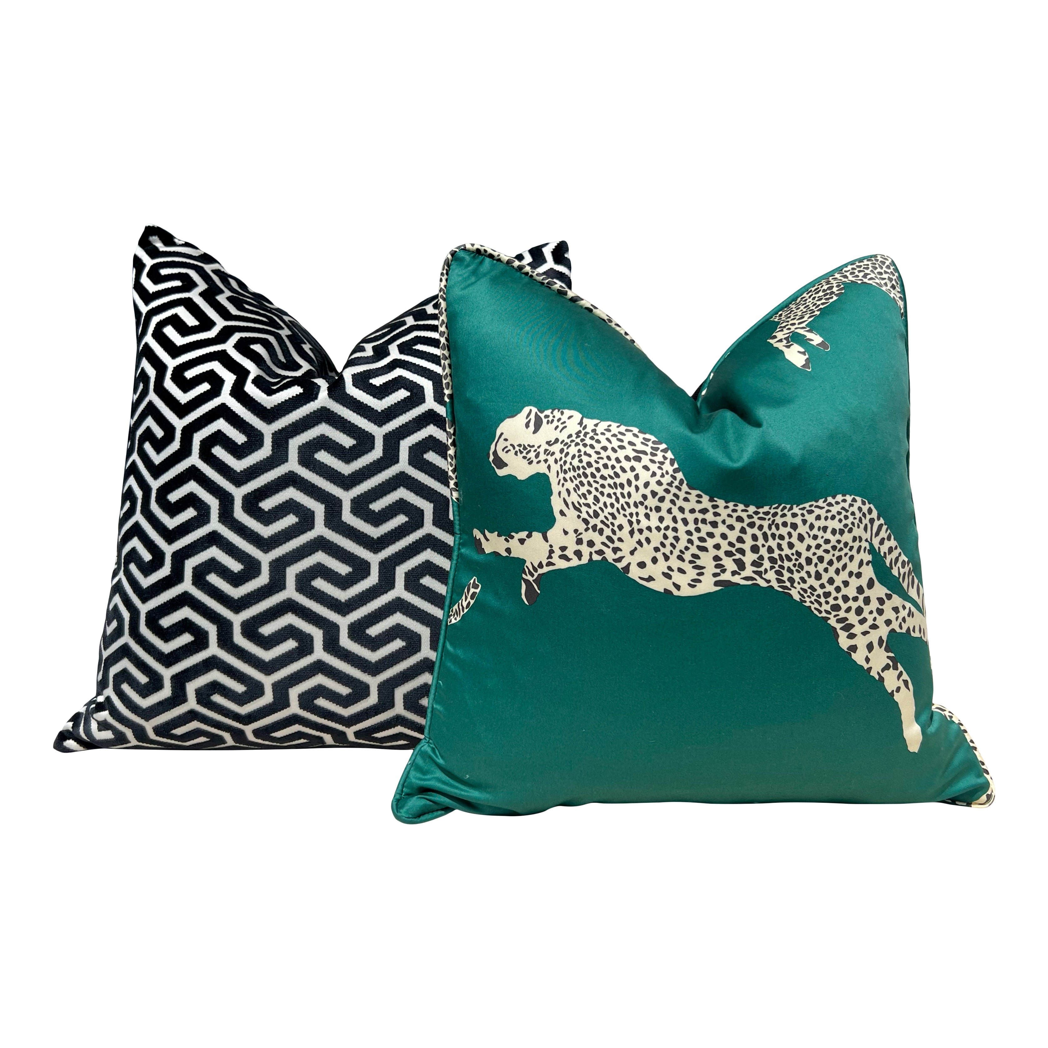 Scalamandre Leaping Cheetah pillow in Evergreen.