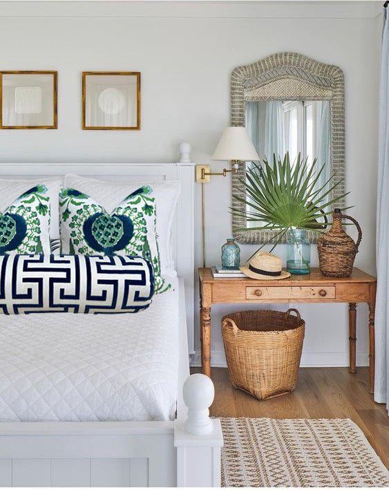 Thibaut Mendoza Suzani Pillow – Navy Blue & Green on White