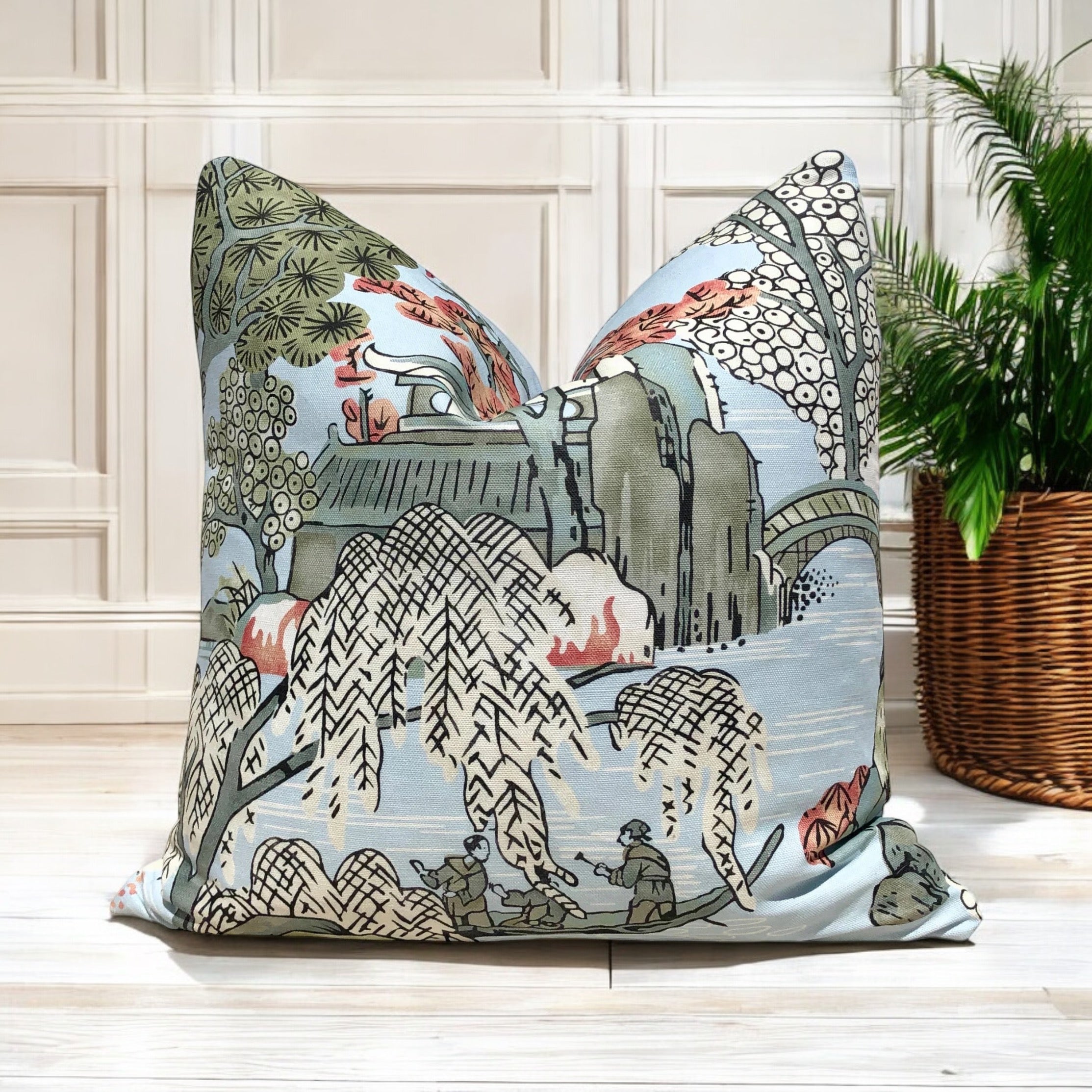 Thibaut Asian Scenic Pillow - Robin Egg.