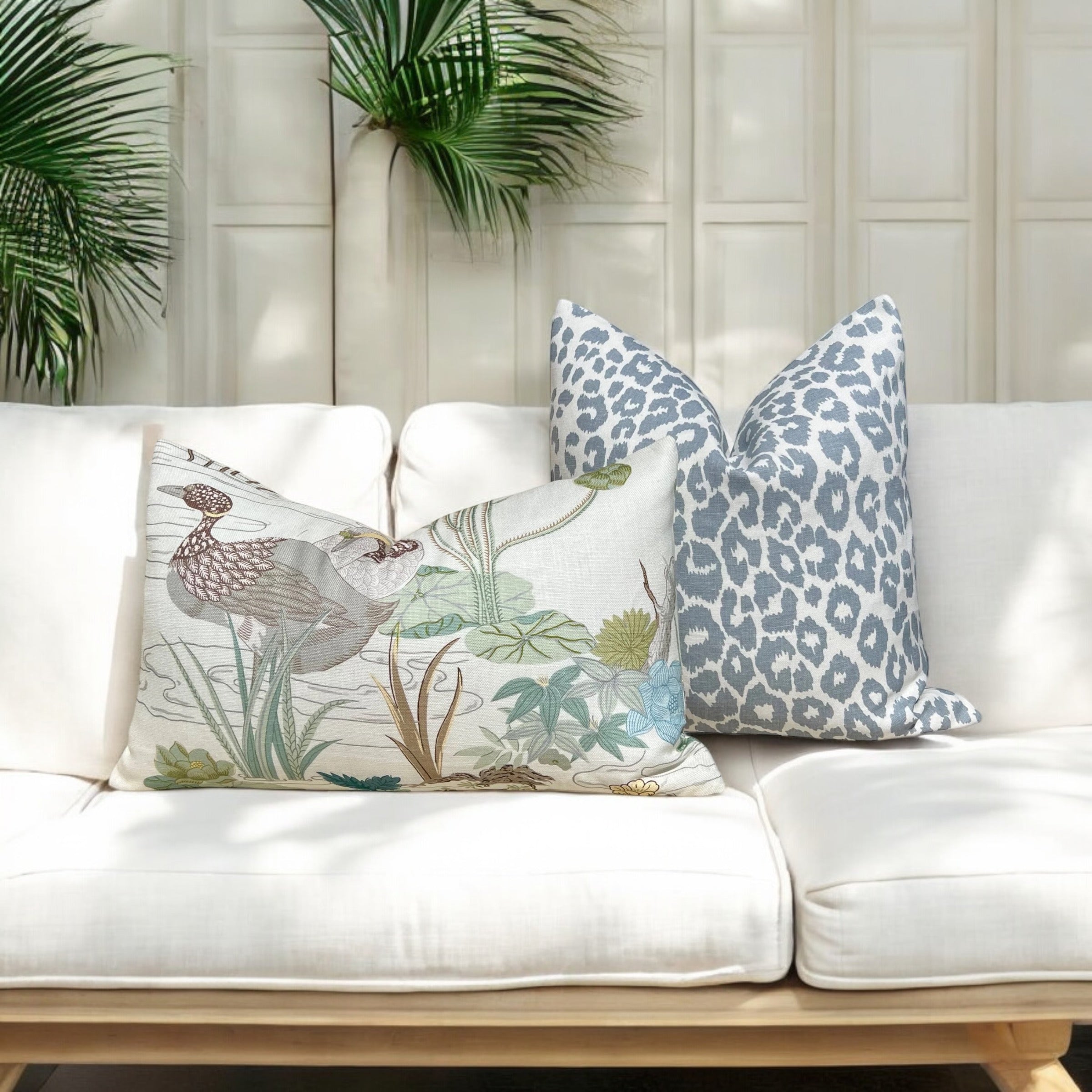 Schumacher Iconic Leopard Linen Pillow in Sky Blue.