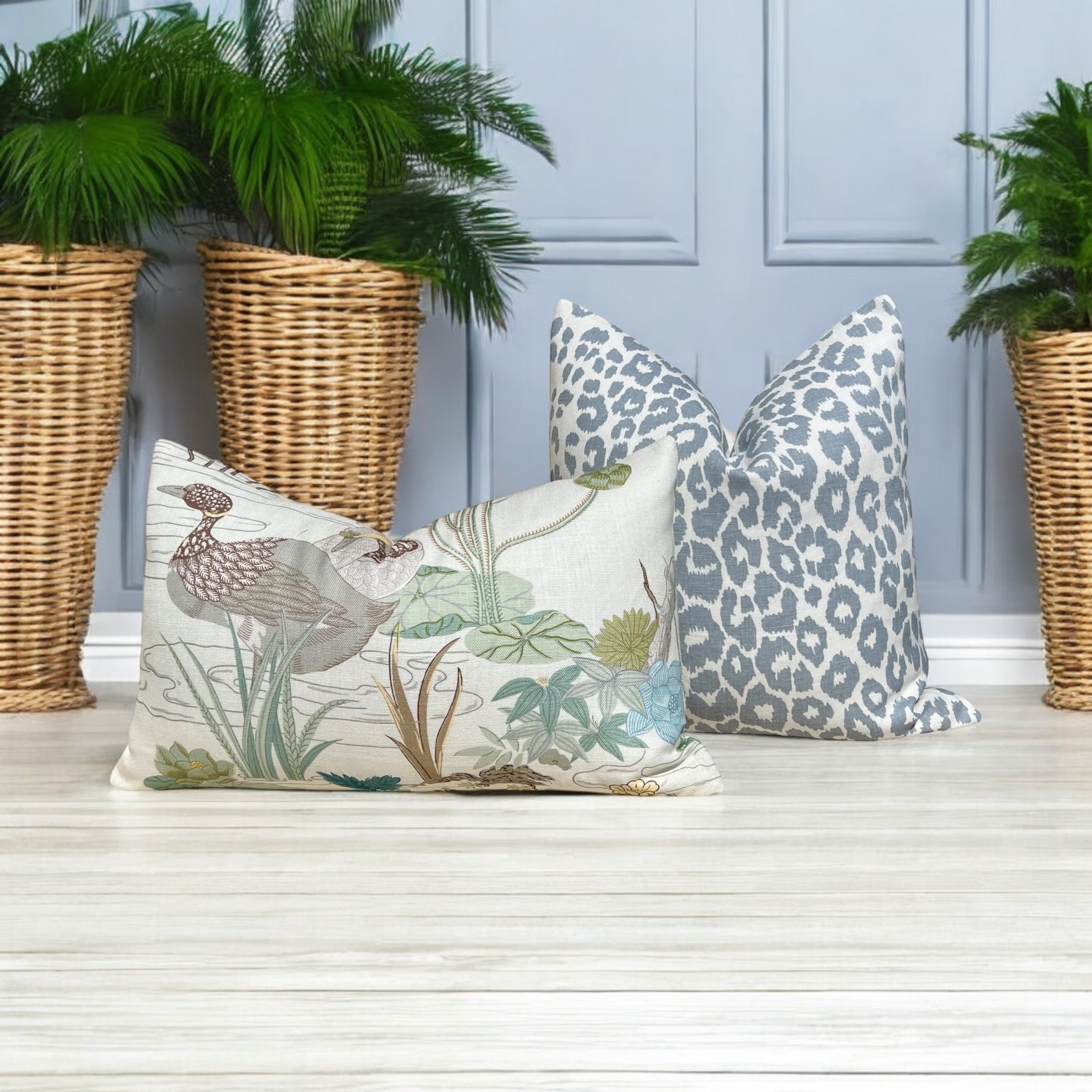 Schumacher Iconic Leopard Linen Pillow in Sky Blue.