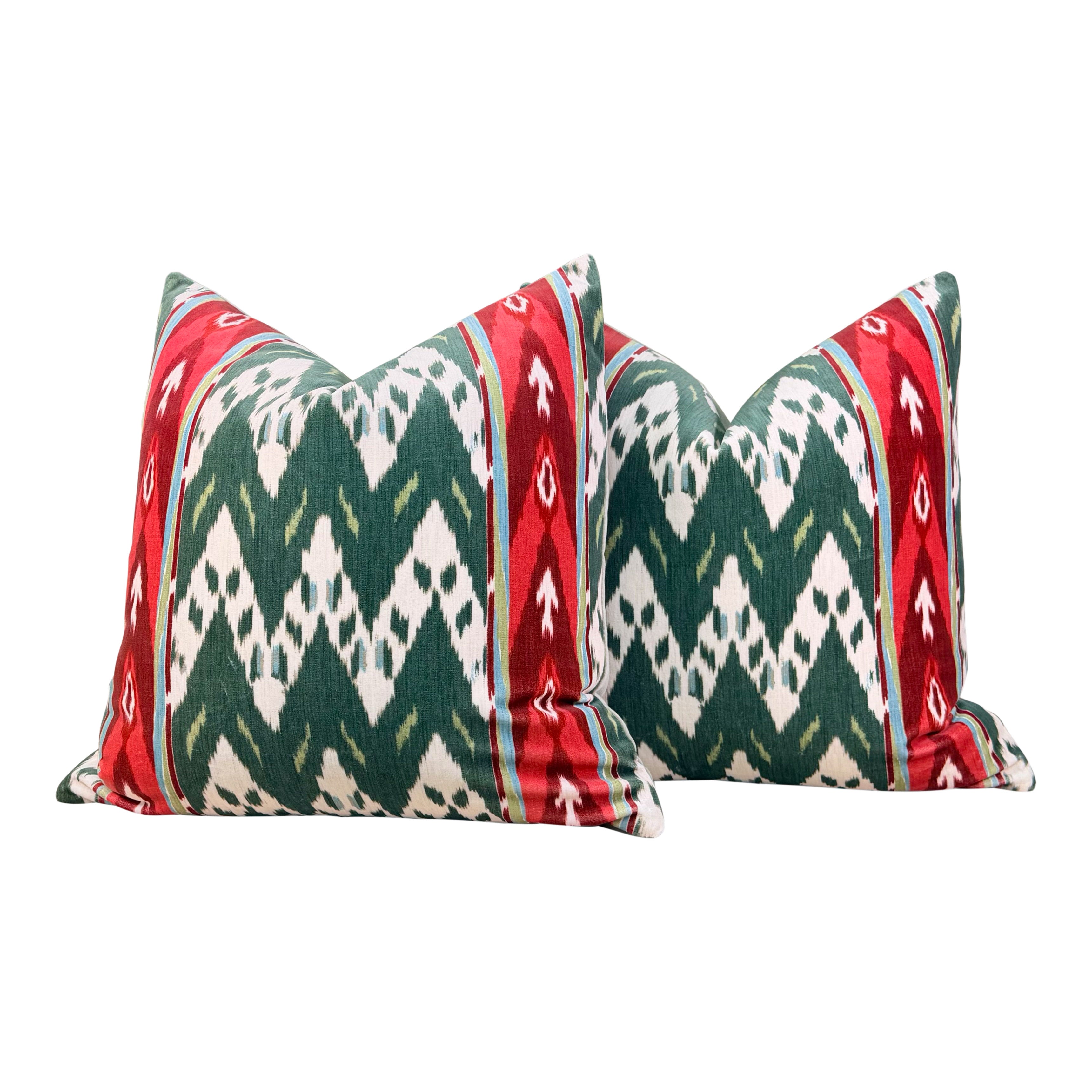 Schumacher Samar Ikat Velvet Pillow- Green,Red