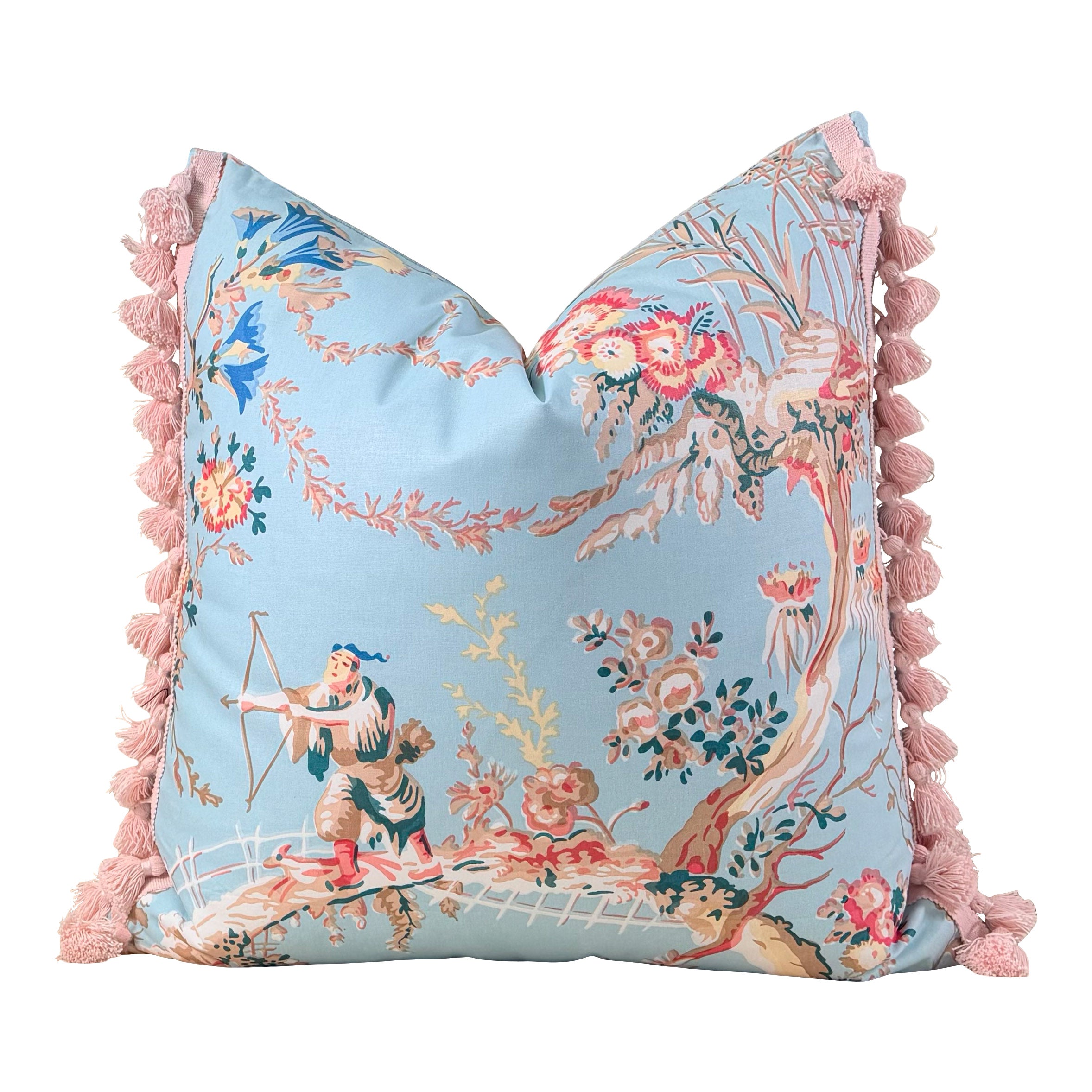 Brunschwig and Fills Chinese Landscape Cotton Pillow - Sky Blue, Pink Tassels