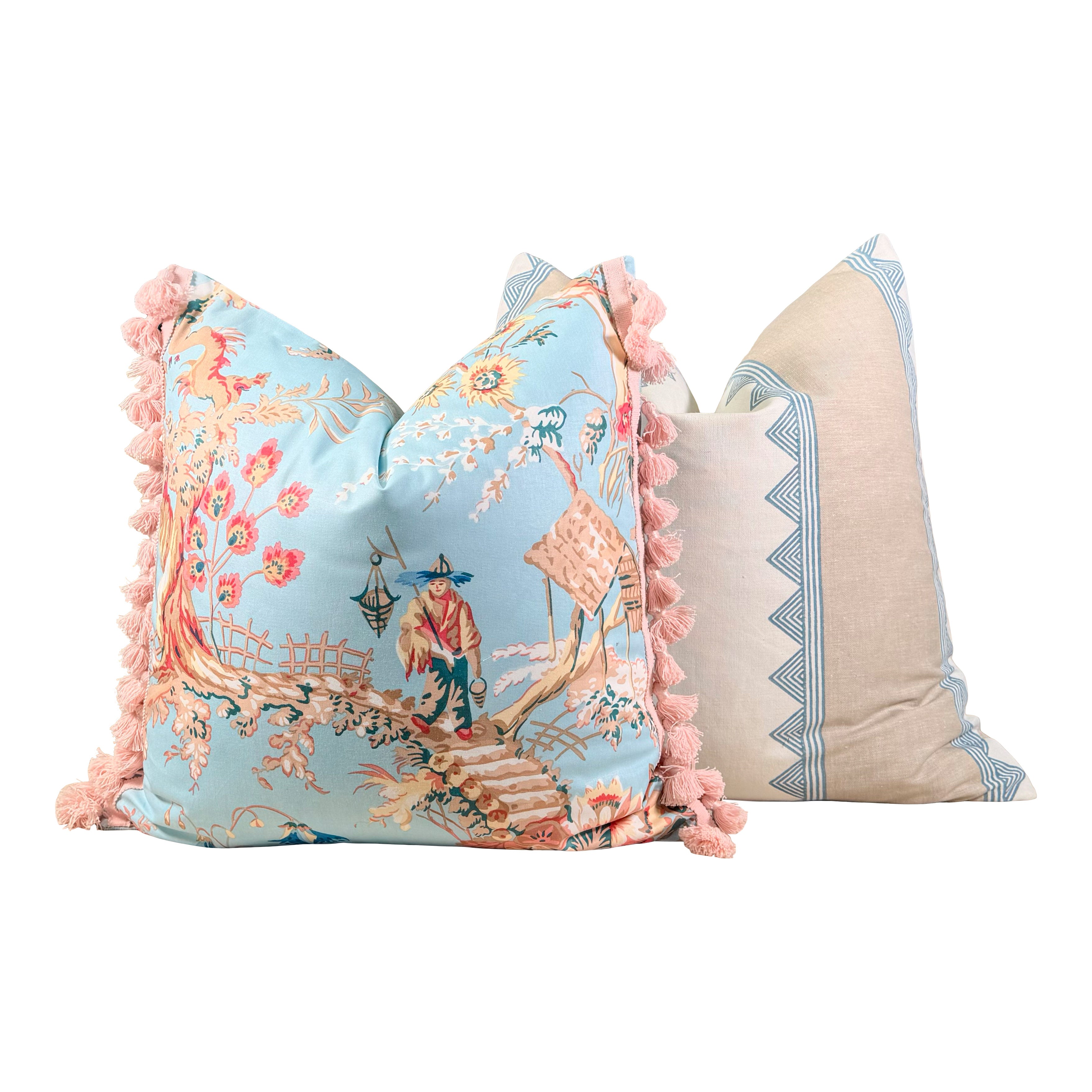 Brunschwig and Fills Chinese Landscape Cotton Pillow - Sky Blue, Pink Tassels
