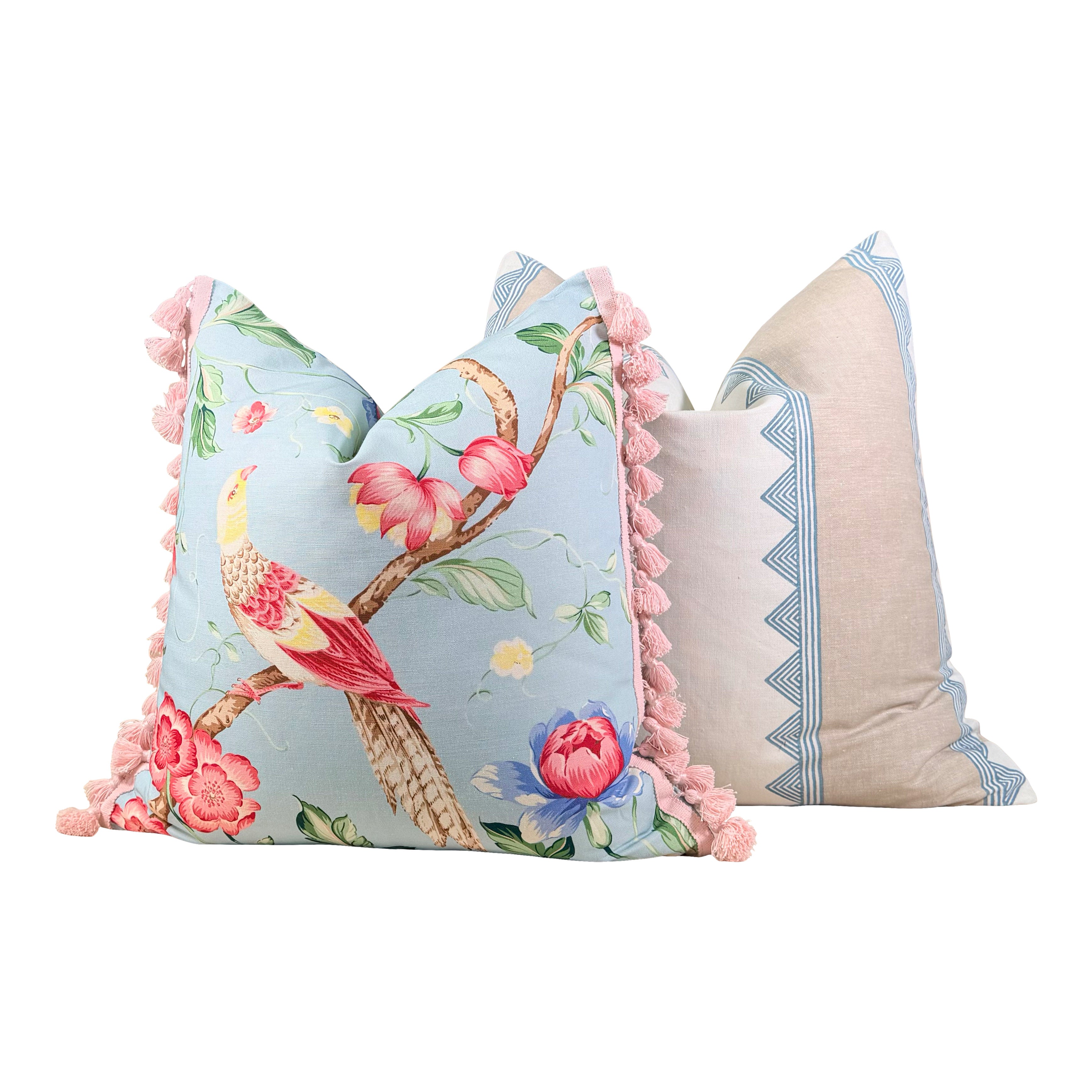 Scalamandre Orienteaux Pillow - Sky Blue, Pink Tassels
