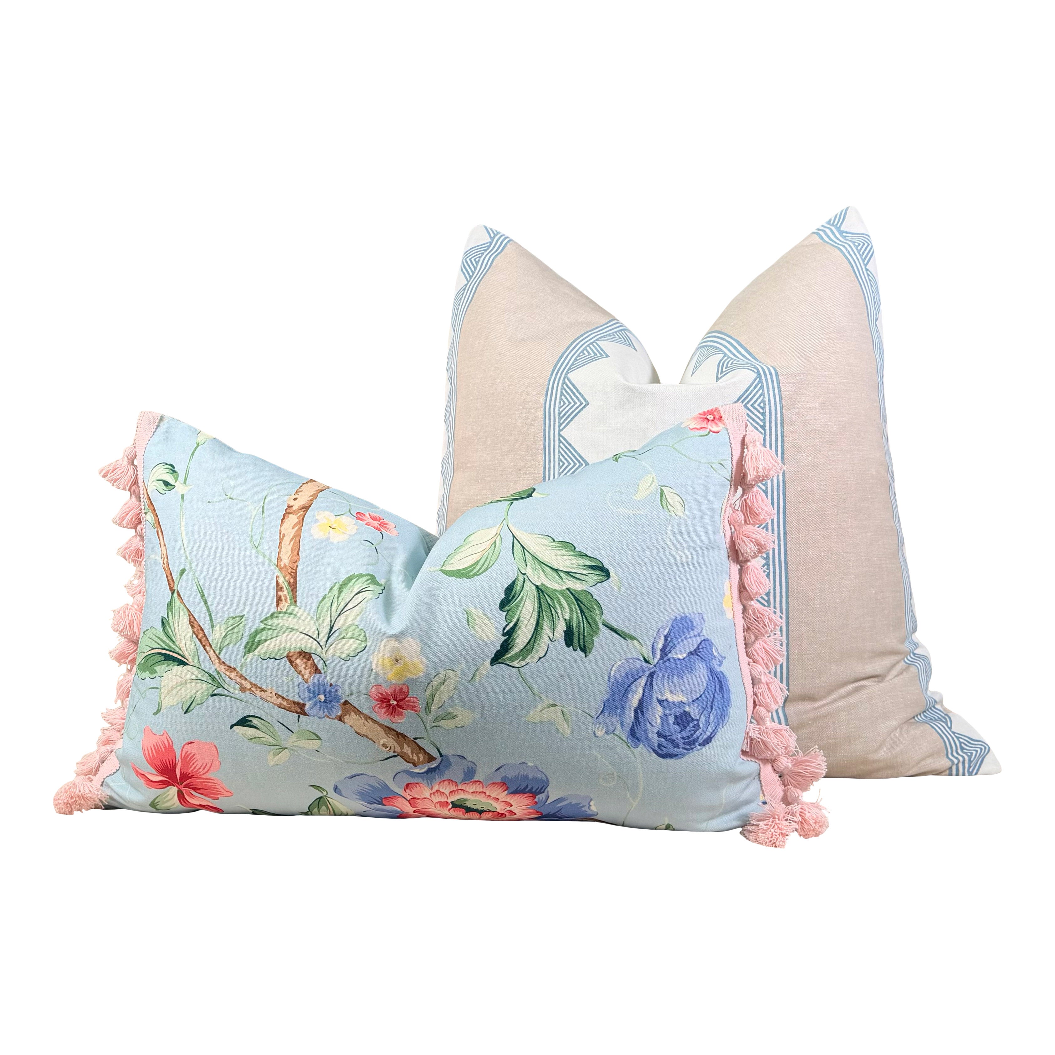 Scalamandre Orienteaux Pillow - Sky Blue, Pink Tassels