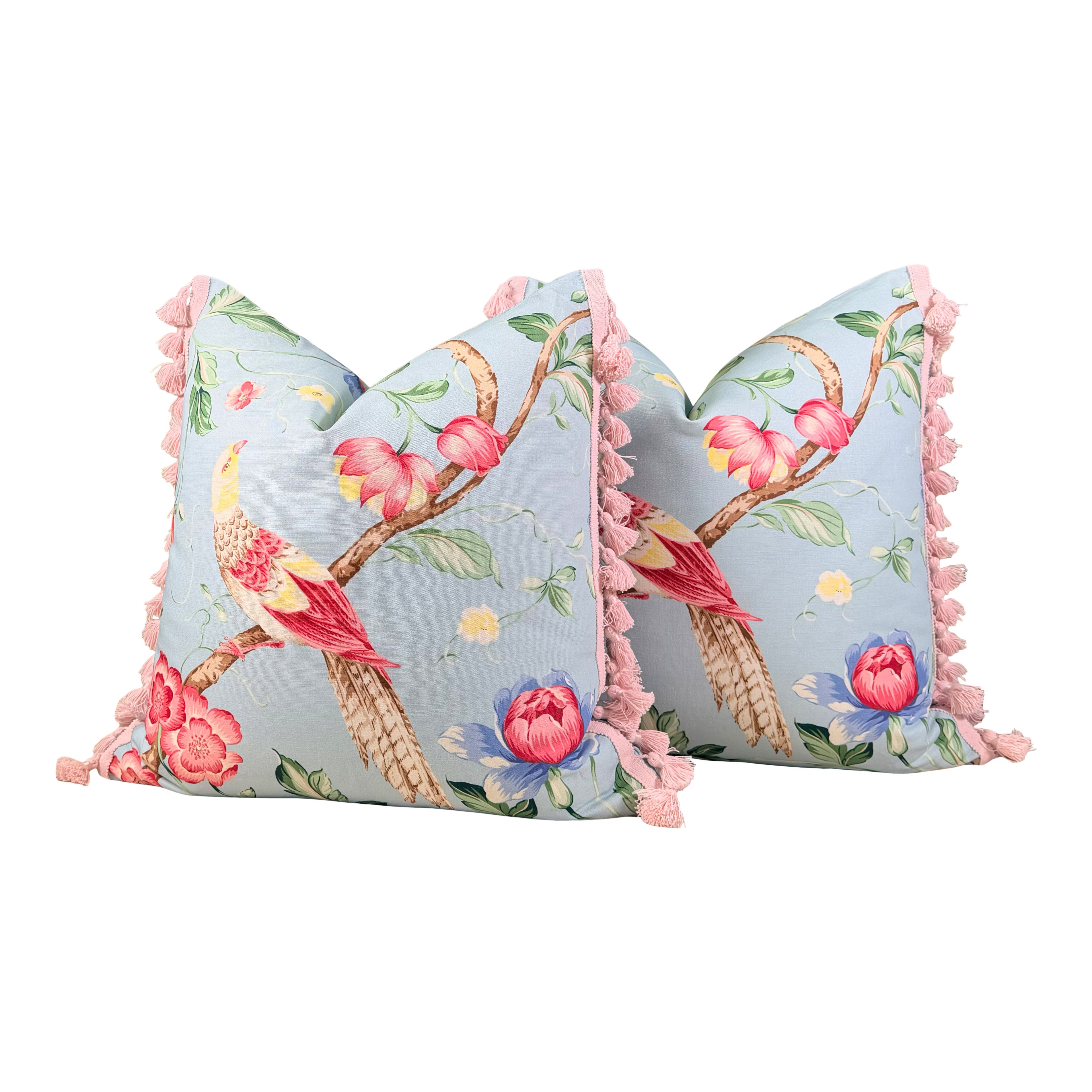Scalamandre Orienteaux Pillow - Sky Blue, Pink Tassels