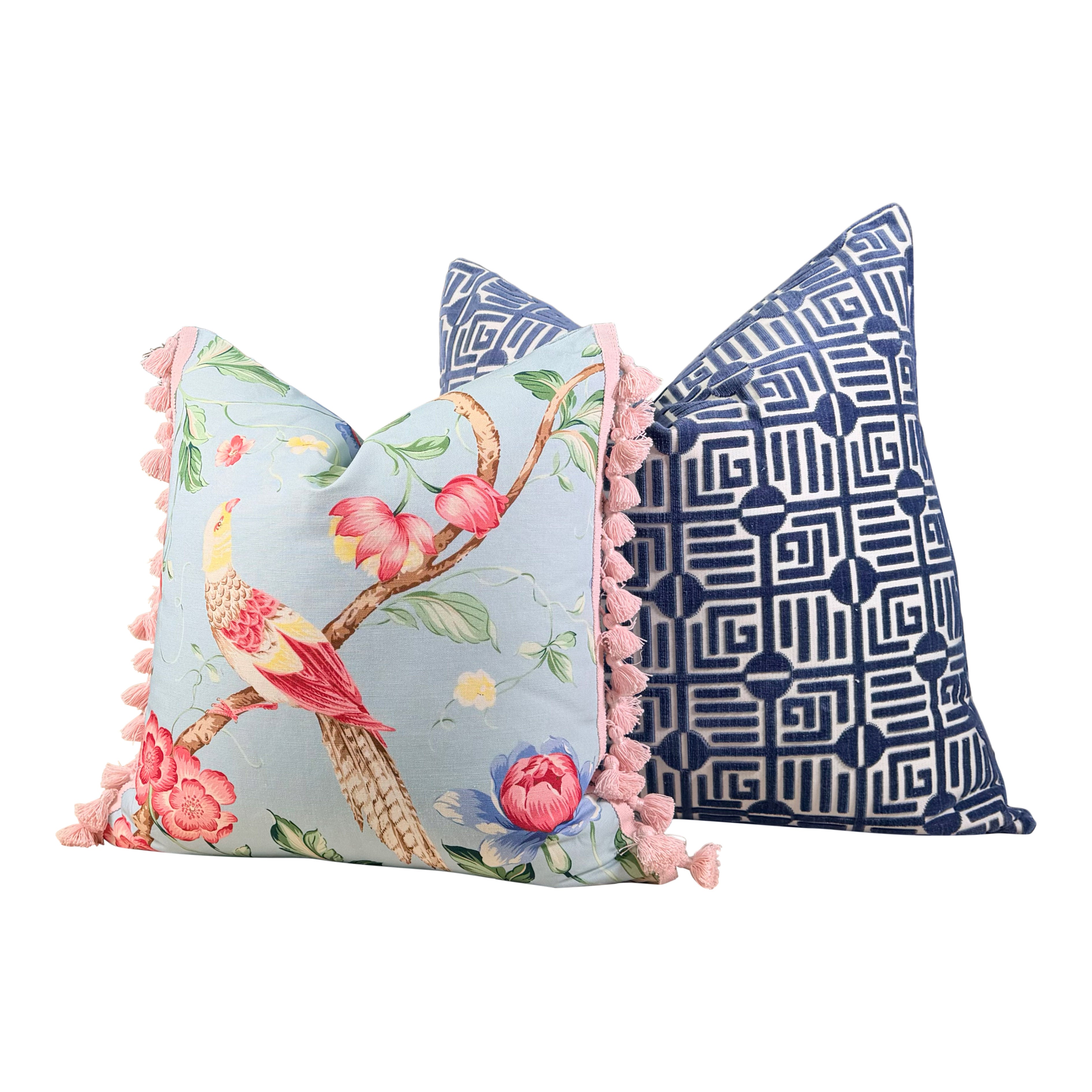 Scalamandre Orienteaux Pillow - Sky Blue, Pink Tassels