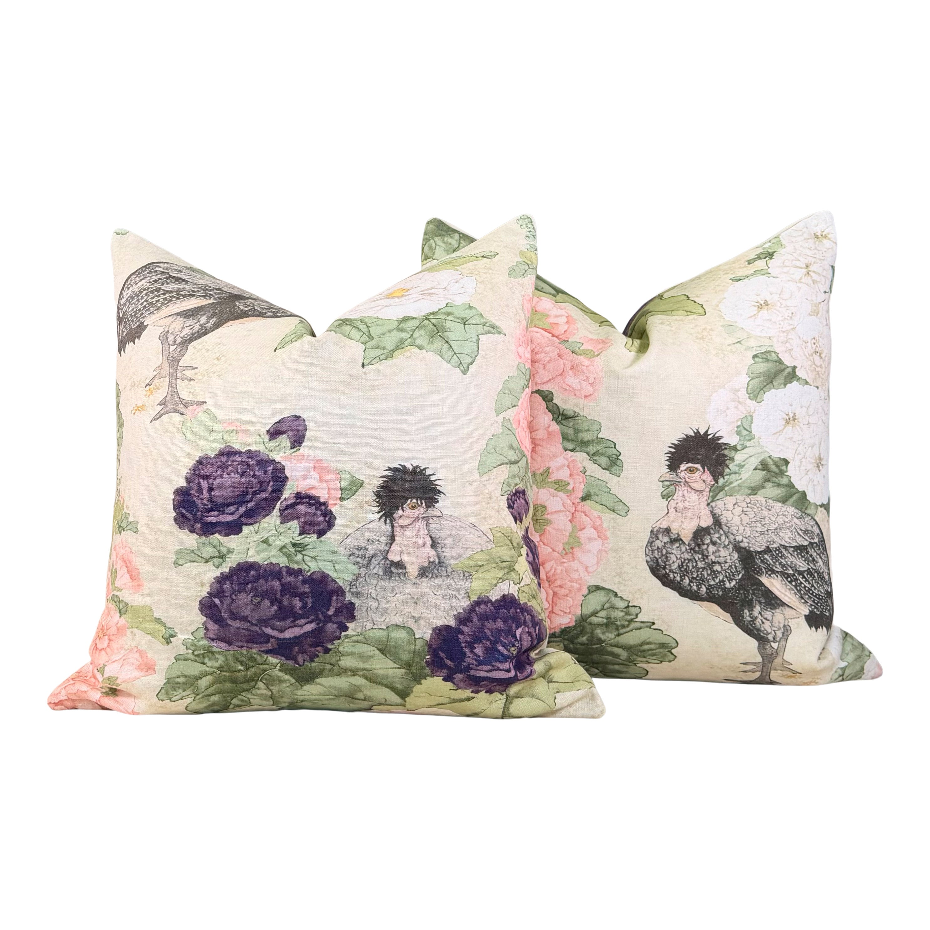 Schumacher Lady Hollyhock Linen Pillow - Cream, Blush, Sage Green