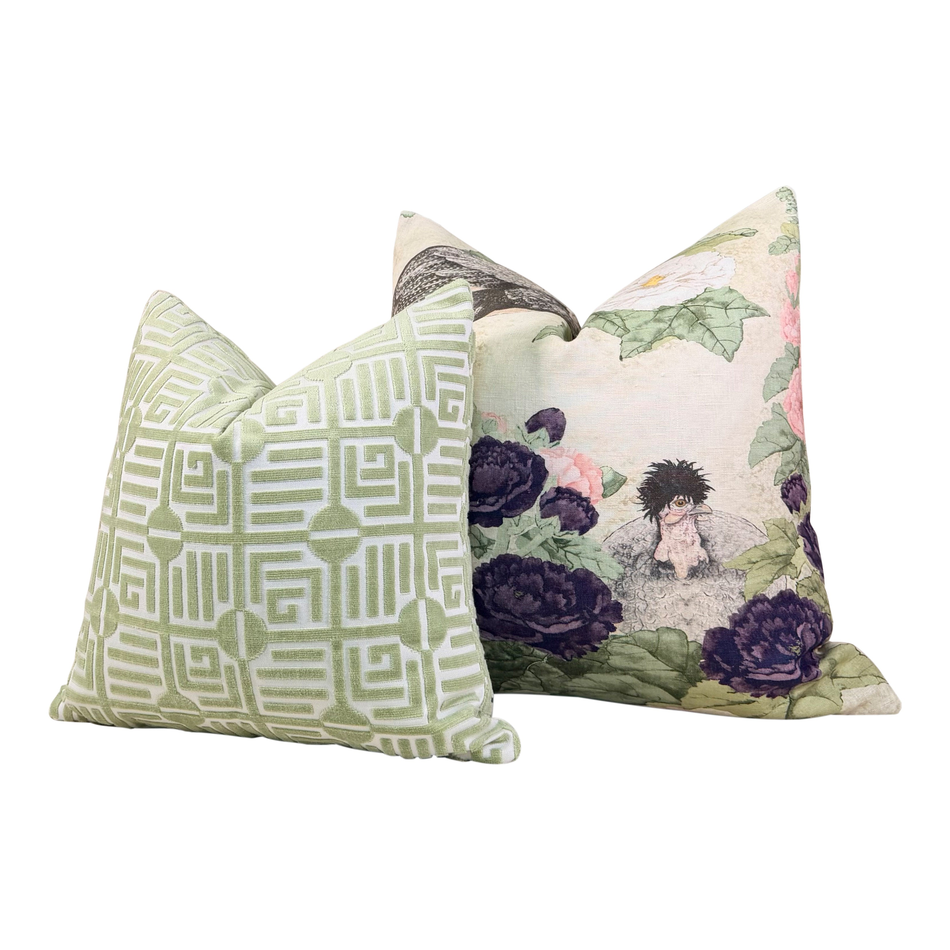 Schumacher Lady Hollyhock Linen Pillow - Cream, Blush, Sage Green