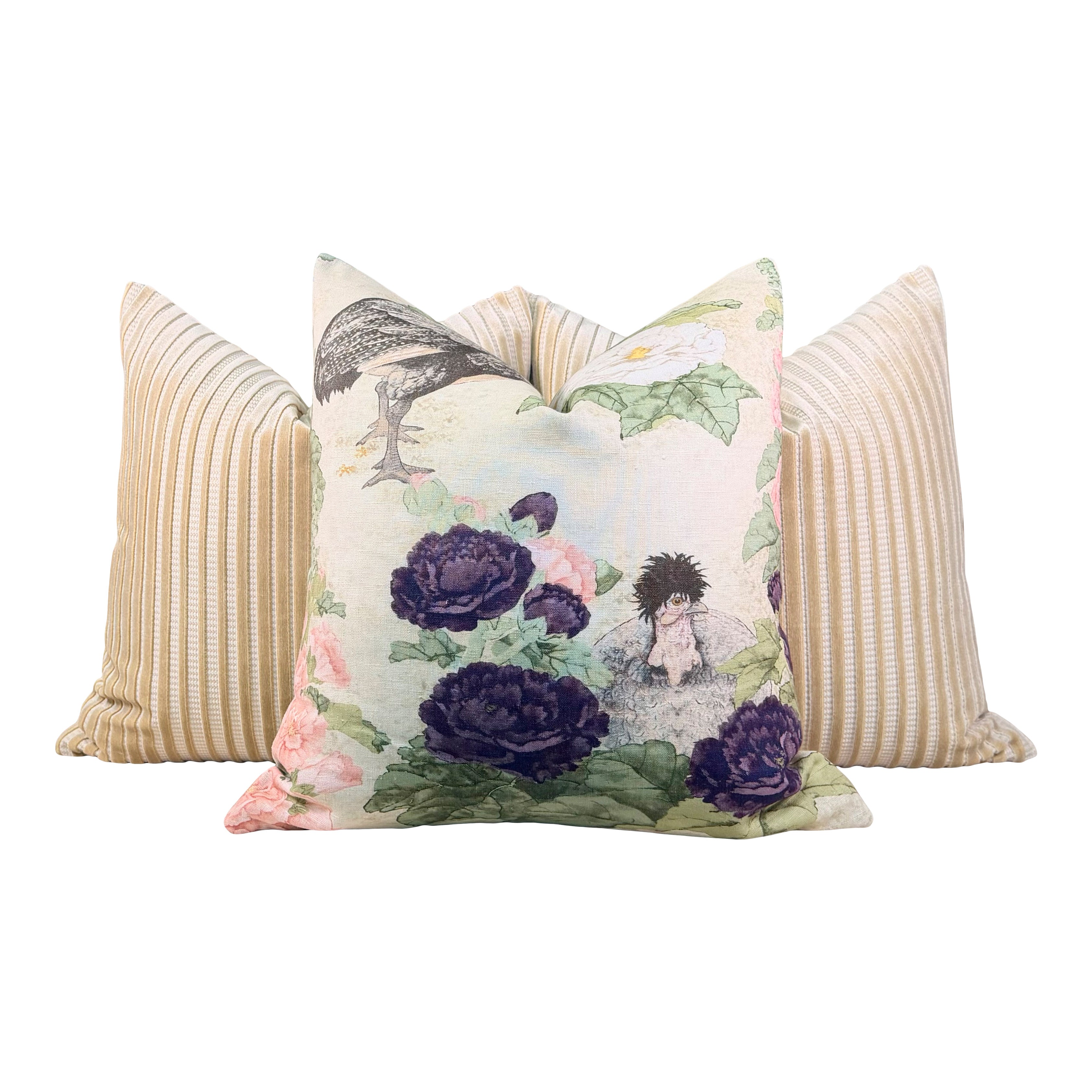 Schumacher Lady Hollyhock Linen Pillow - Cream, Blush, Sage Green