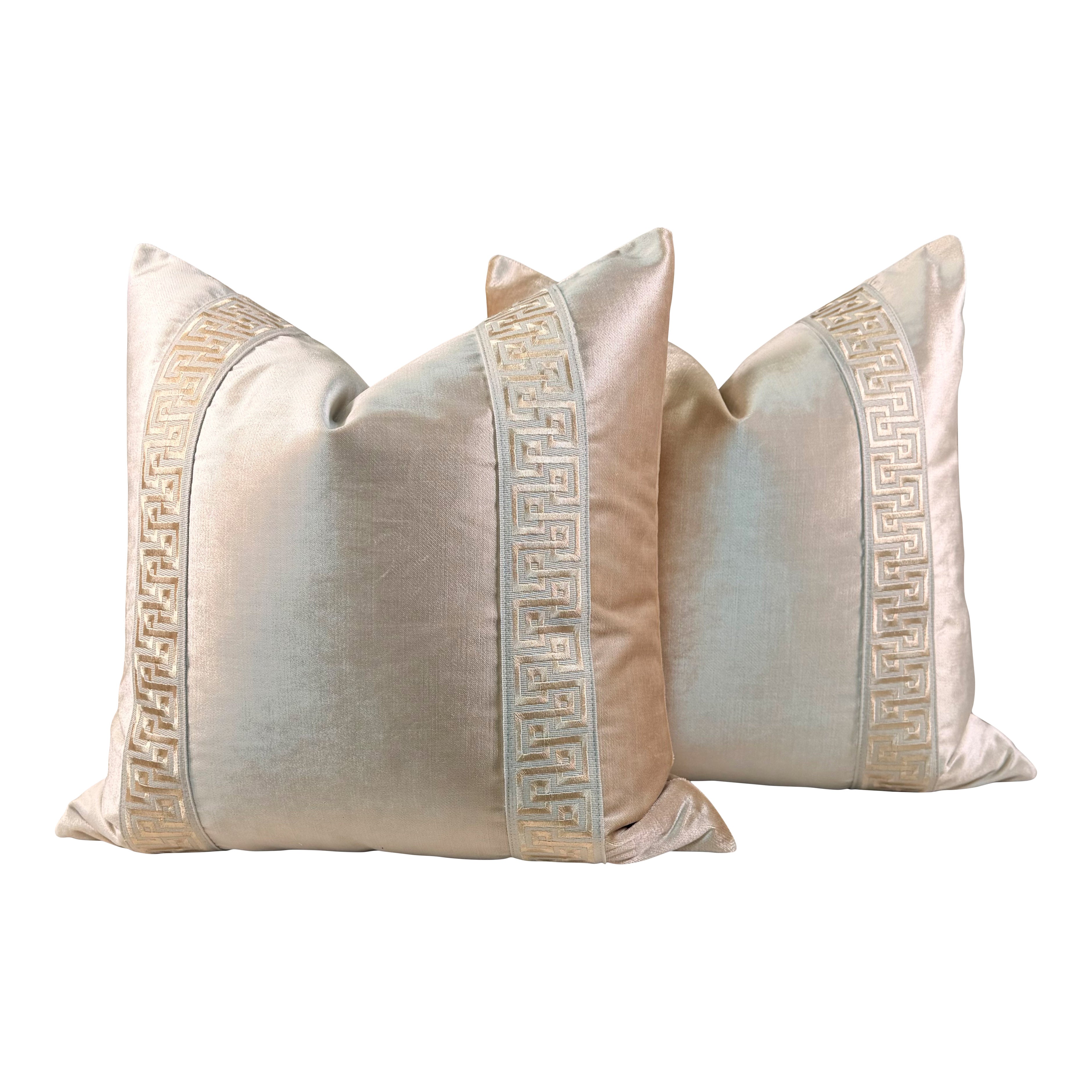 Designer Velvet Pillow - Luminous Warm Gold, Greek Key Trim