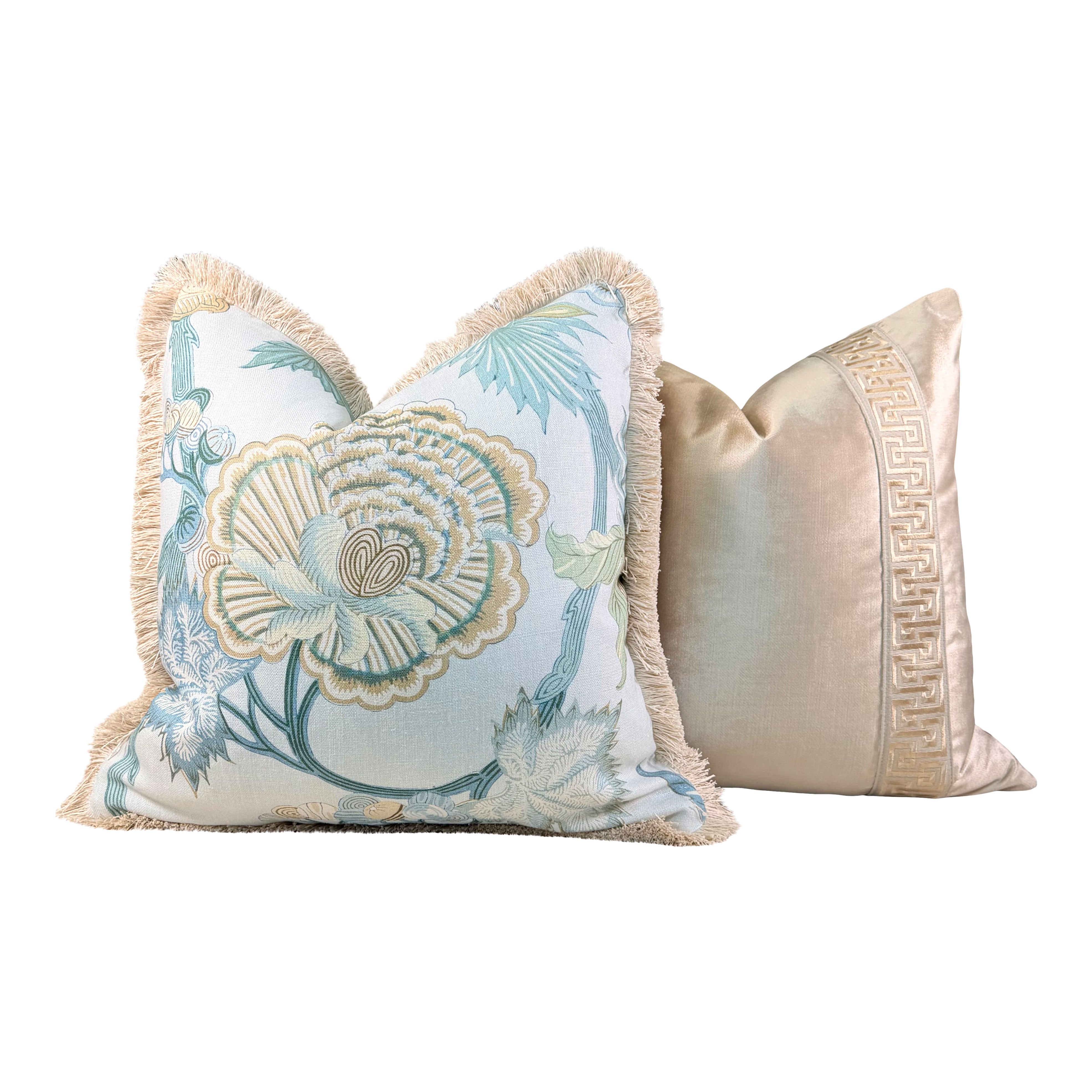 Thibaut Indienne Jacobean Linen Pillow - Sea glass, Gold.
