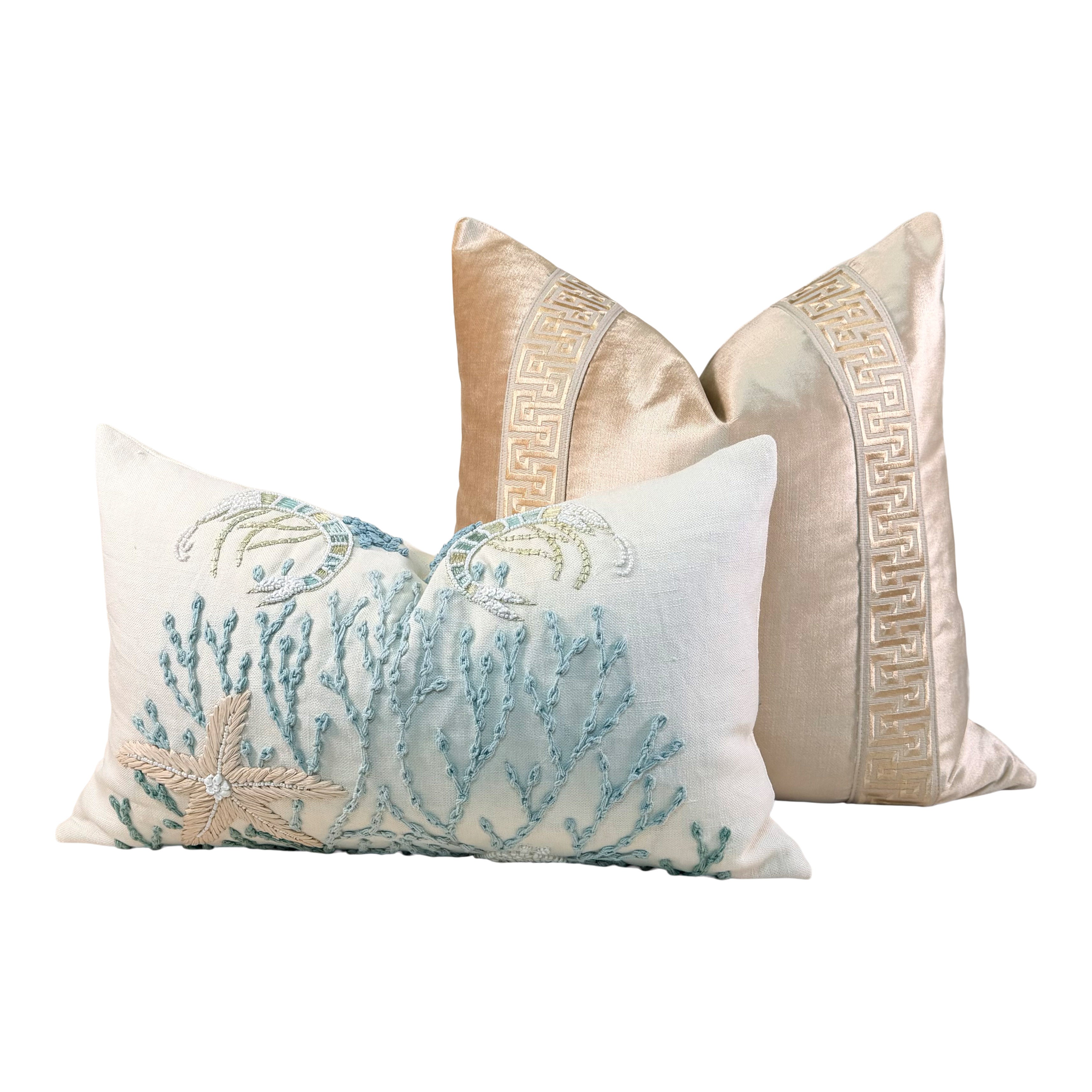 Designer Velvet Pillow - Luminous Warm Gold, Greek Key Trim