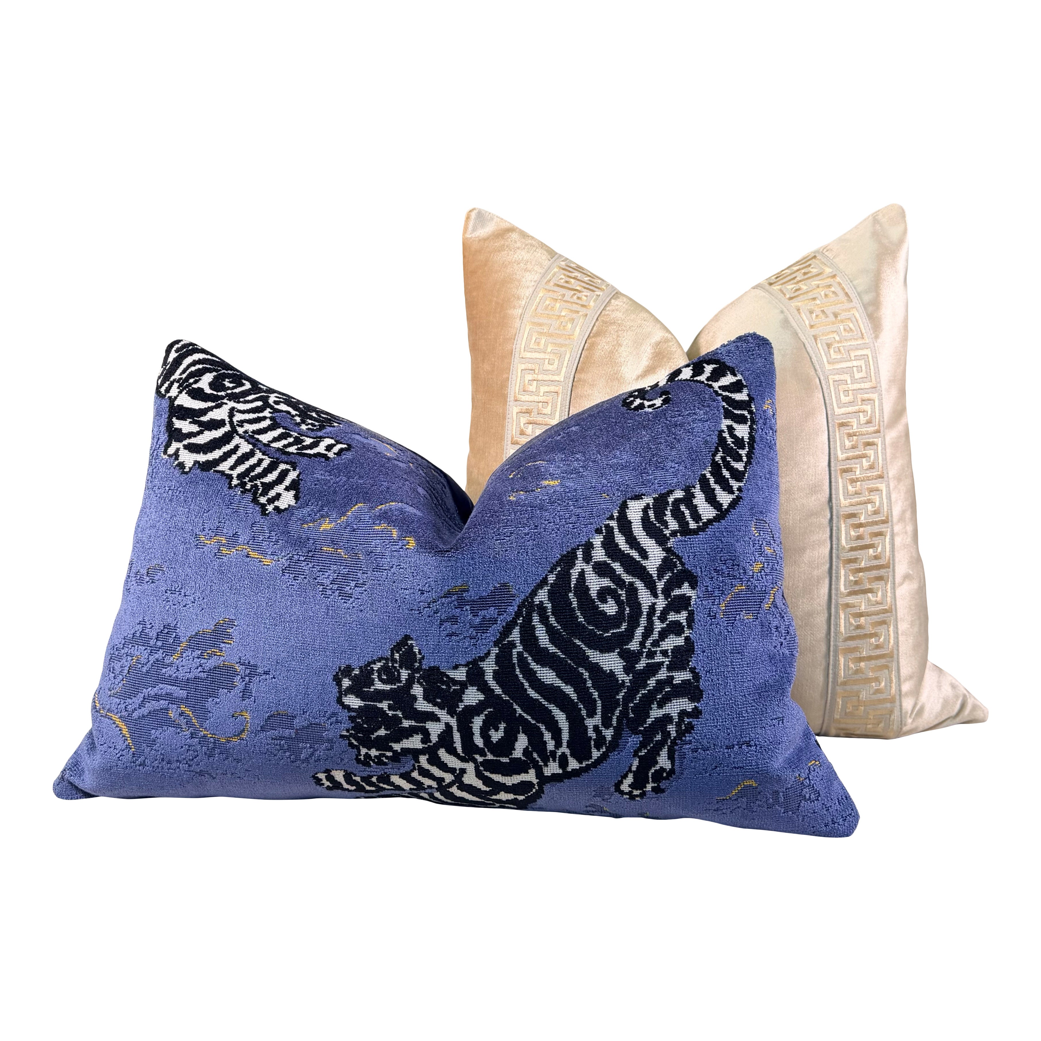 Designer Velvet Pillow - Luminous Warm Gold, Greek Key Trim