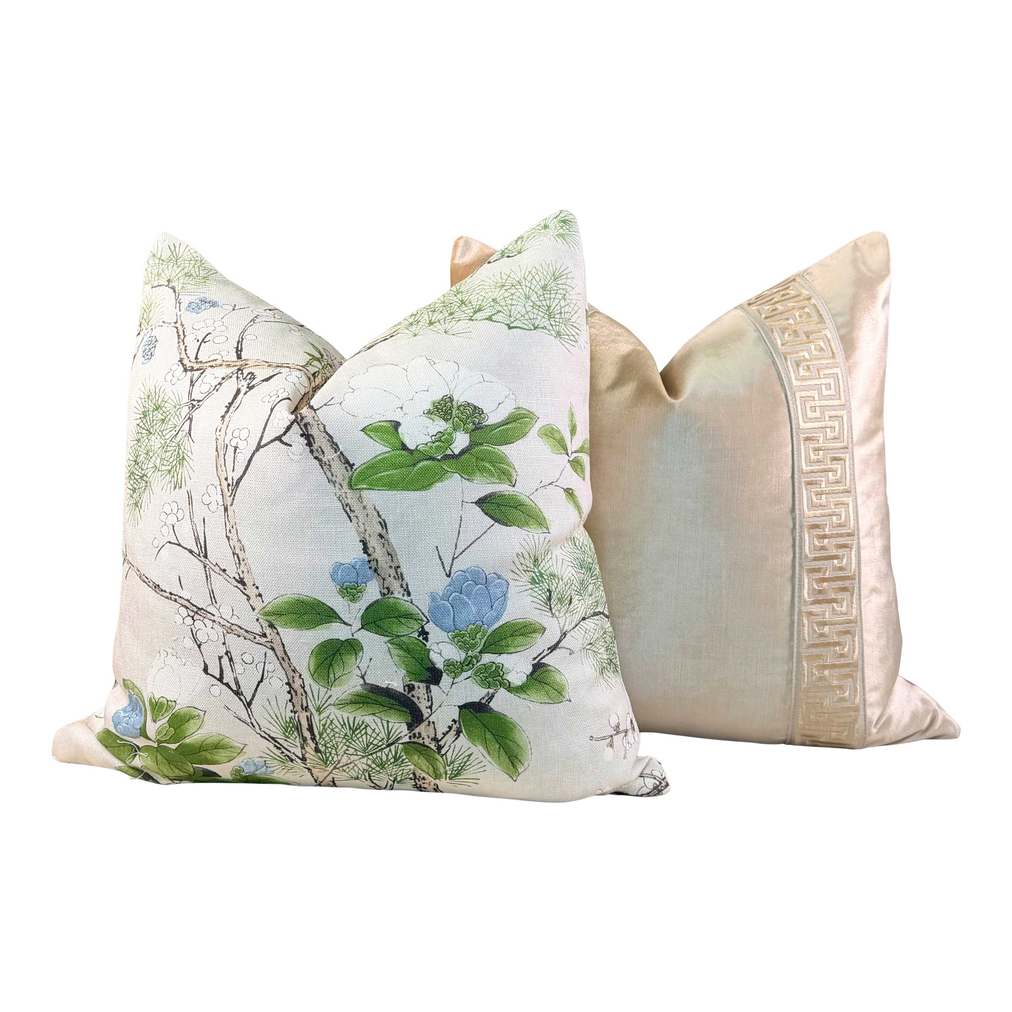 Designer Velvet Pillow - Luminous Warm Gold, Greek Key Trim