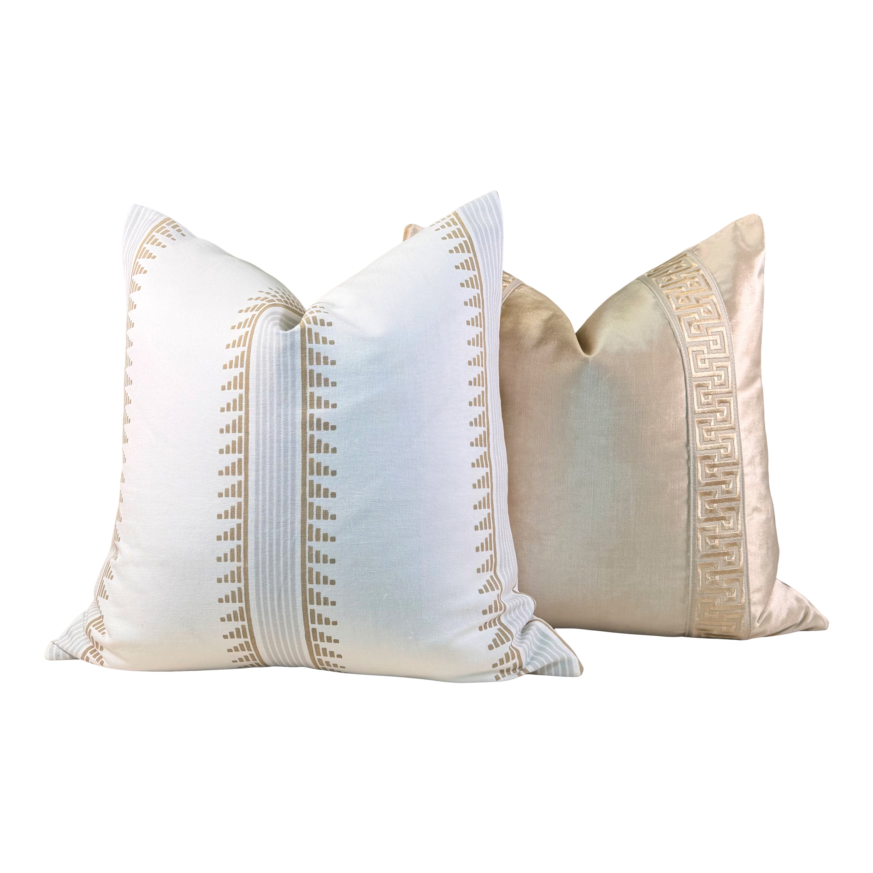Designer Velvet Pillow - Luminous Warm Gold, Greek Key Trim