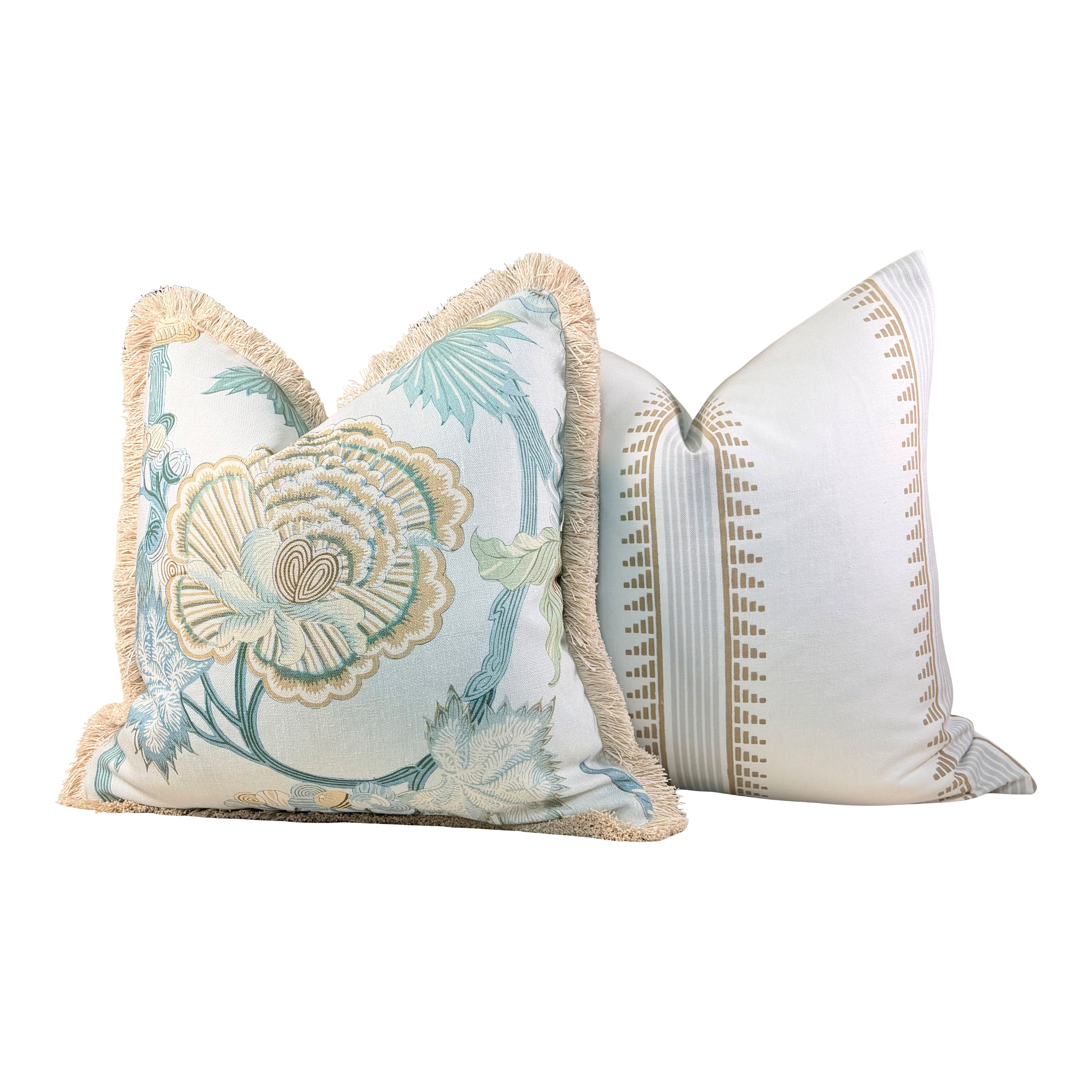 Thibaut Indienne Jacobean Linen Pillow - Sea glass, Gold.