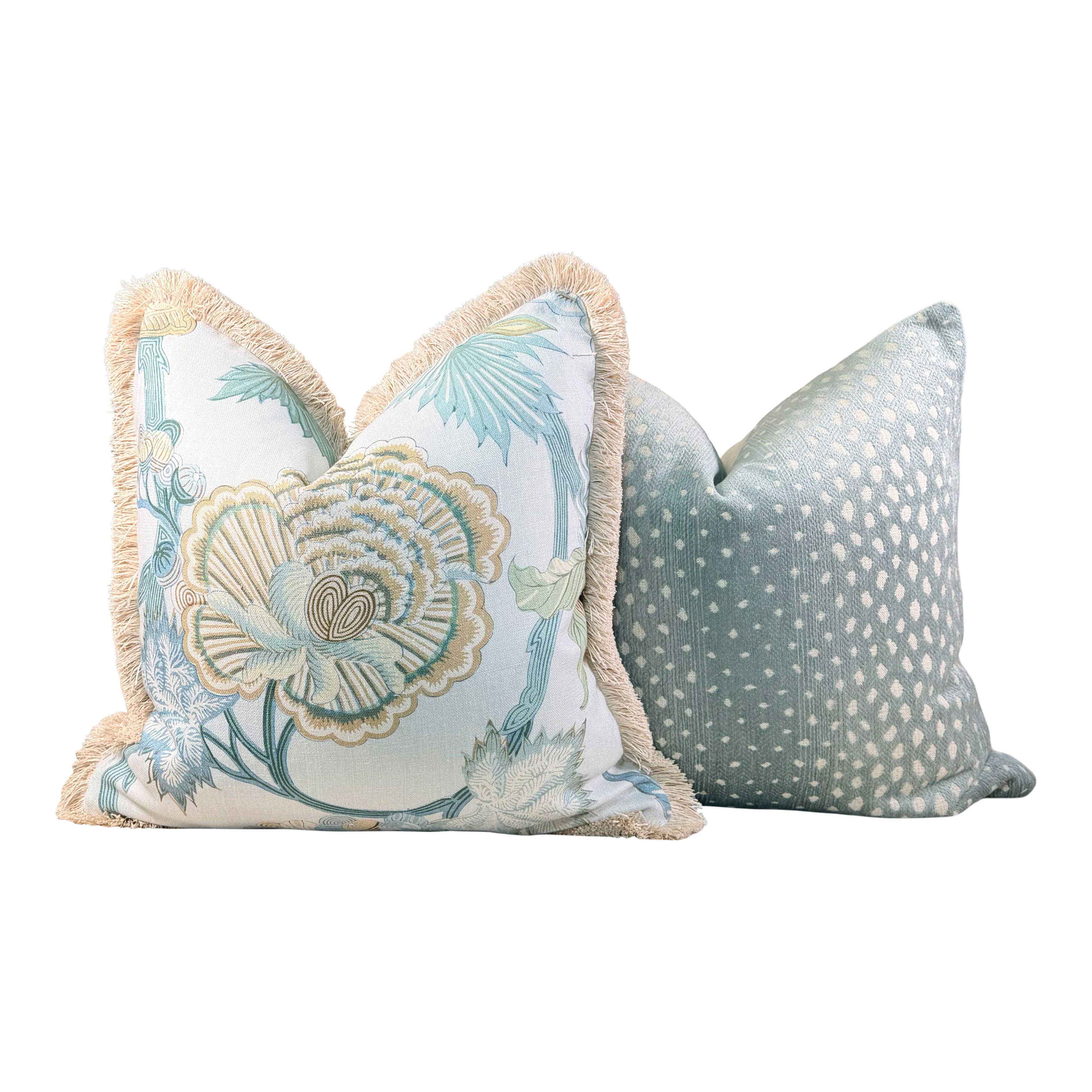 Thibaut Indienne Jacobean Linen Pillow - Sea glass, Gold.