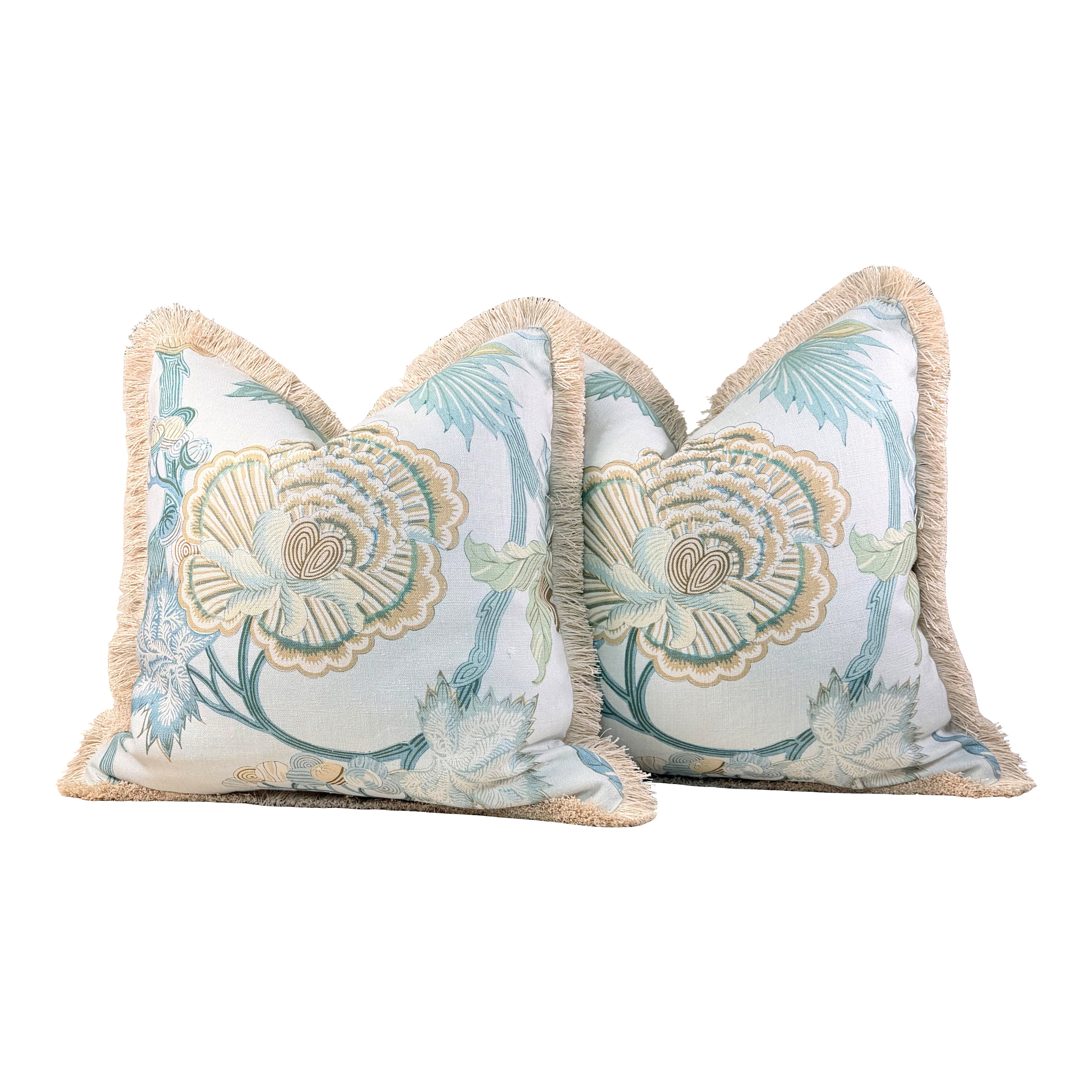Thibaut Indienne Jacobean Linen Pillow - Sea glass, Gold.