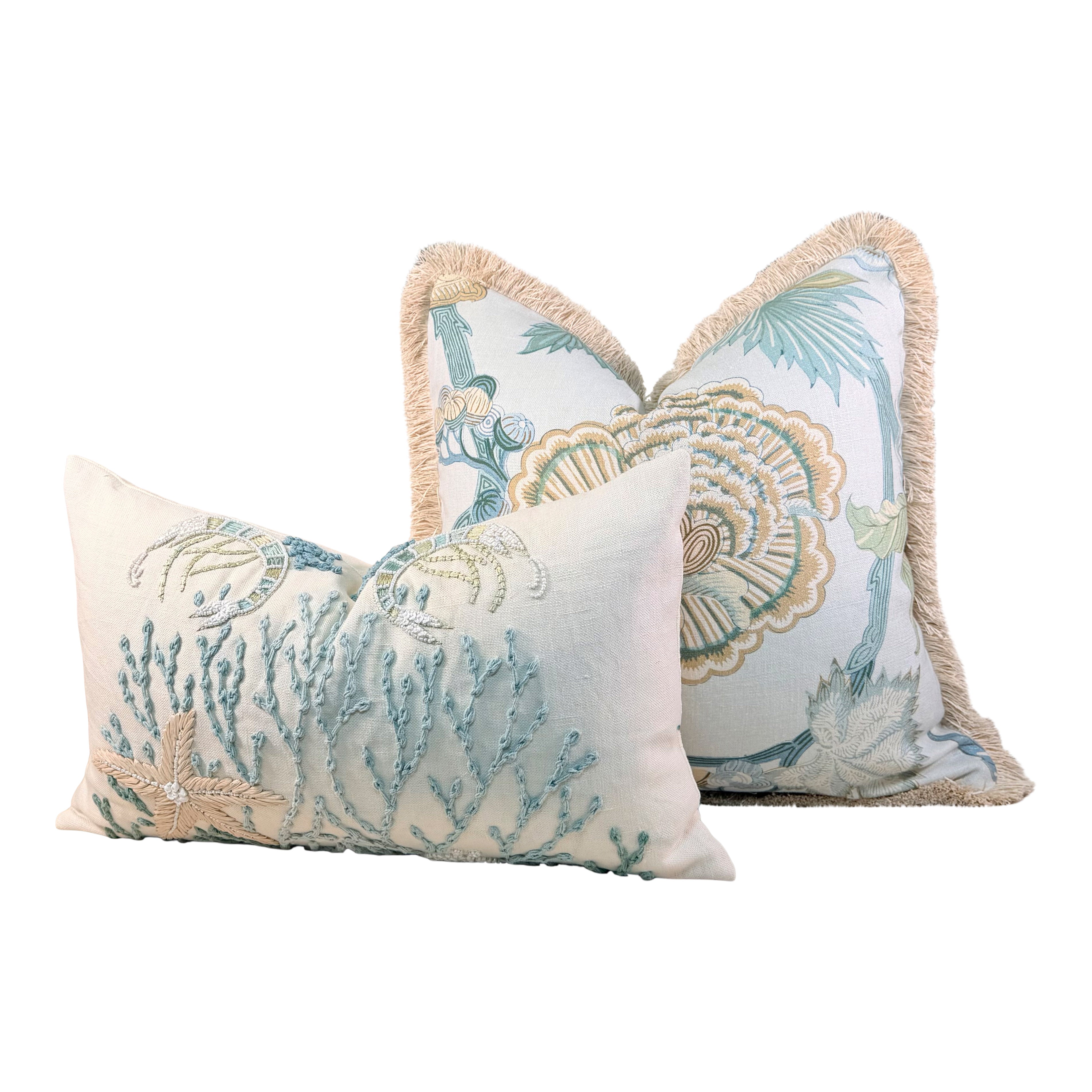 Thibaut Indienne Jacobean Linen Pillow - Sea glass, Gold.