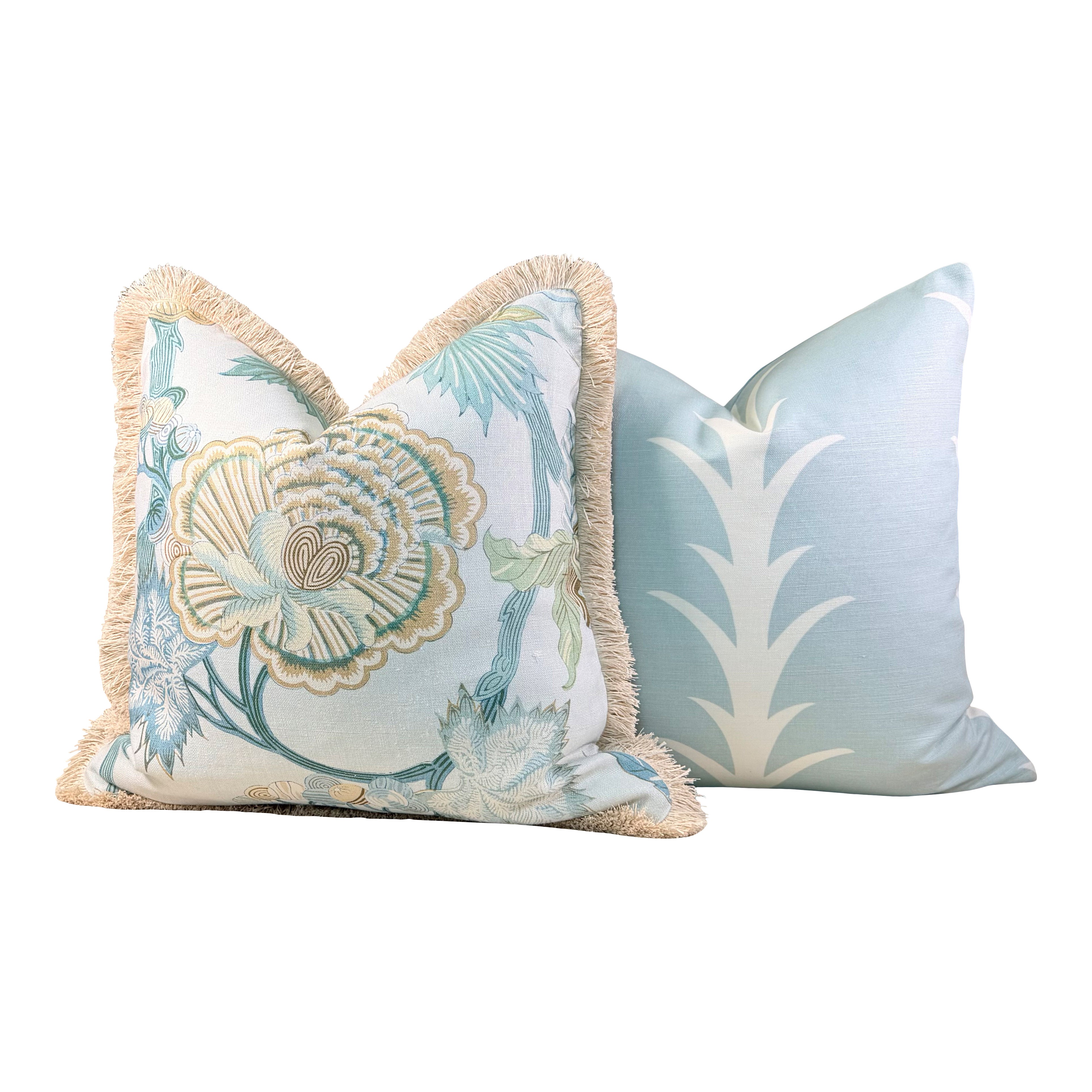 Schumacher Acanthus Stripe Pillow in Sky Blue.
