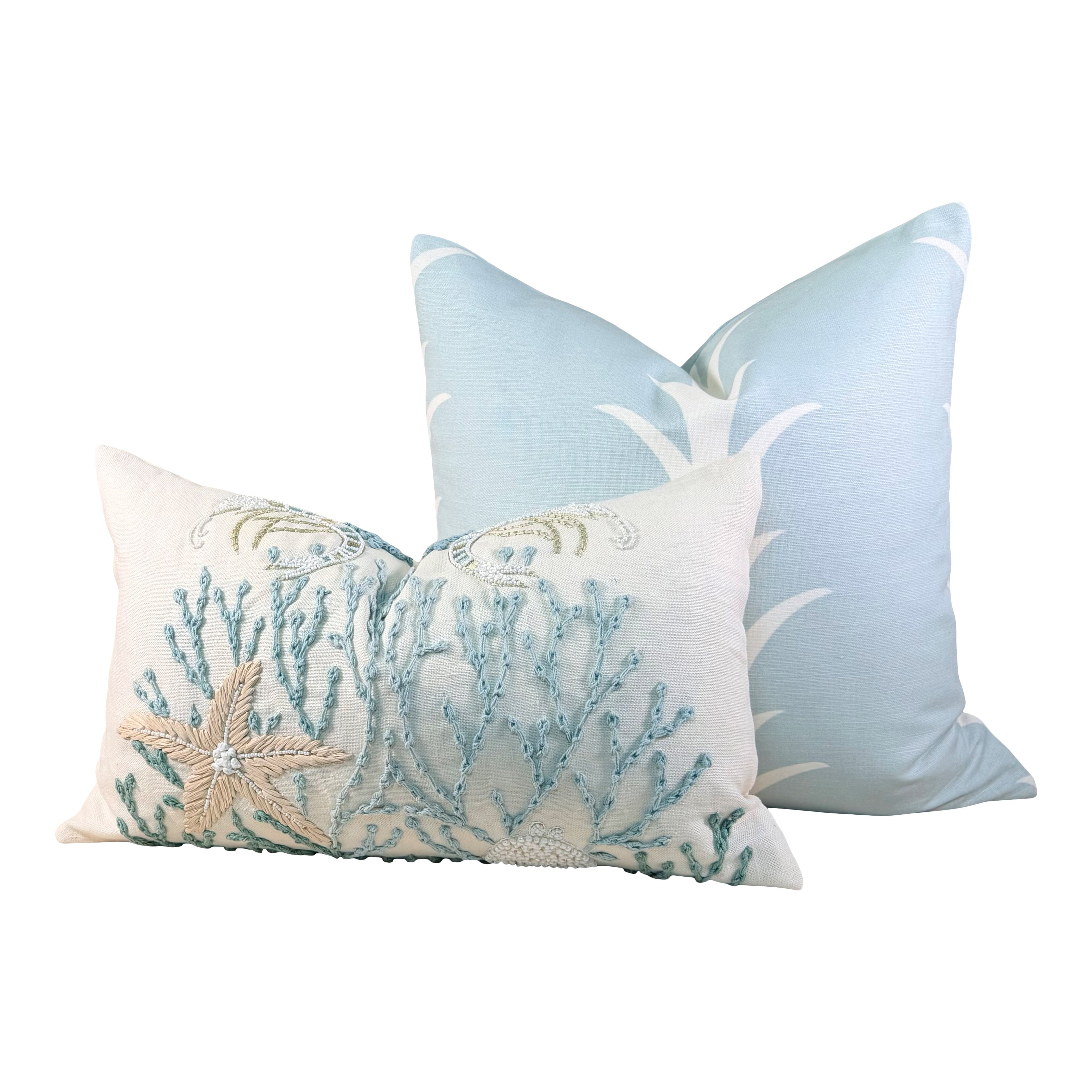 Schumacher Acanthus Stripe Pillow in Sky Blue.