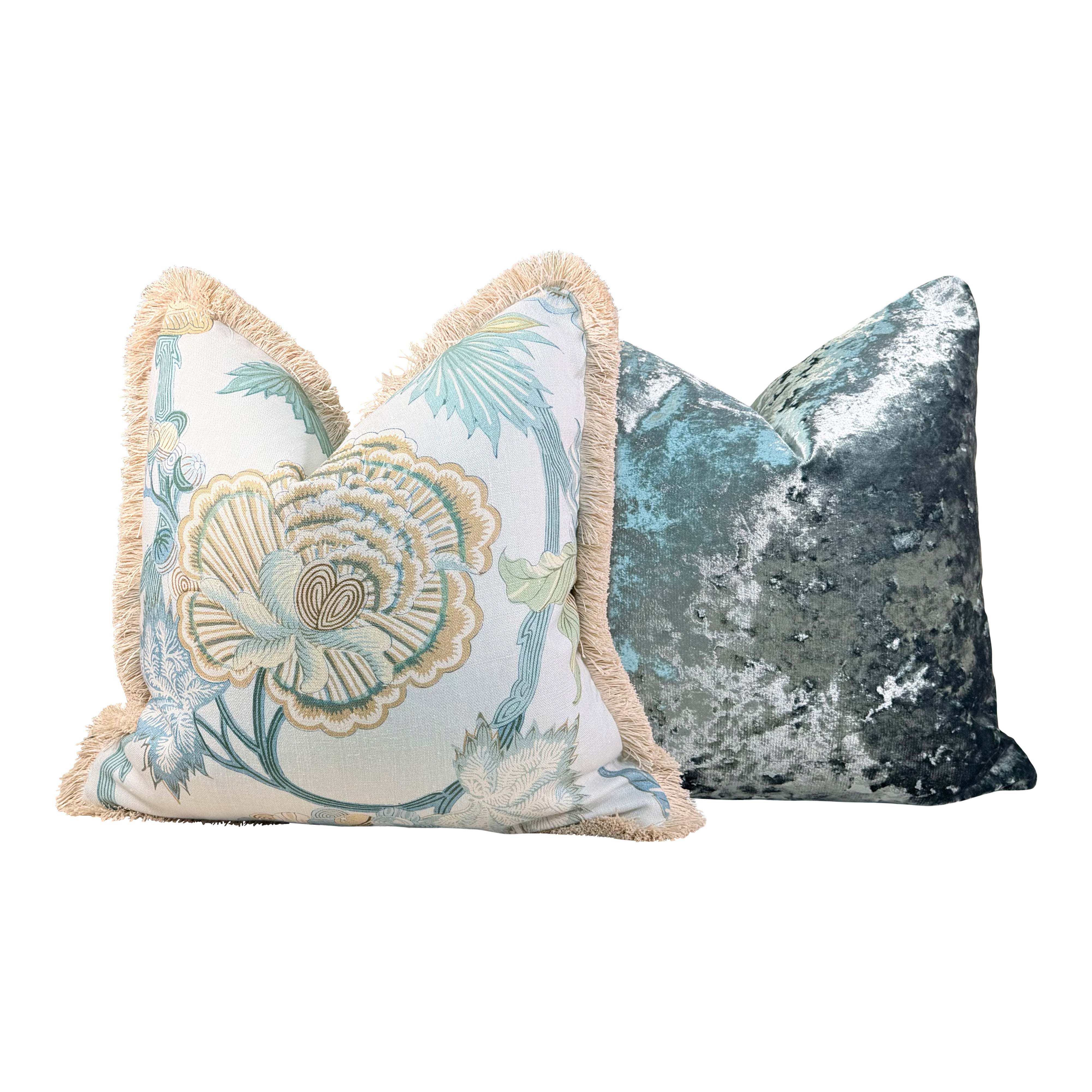 Thibaut Indienne Jacobean Linen Pillow - Sea glass, Gold.