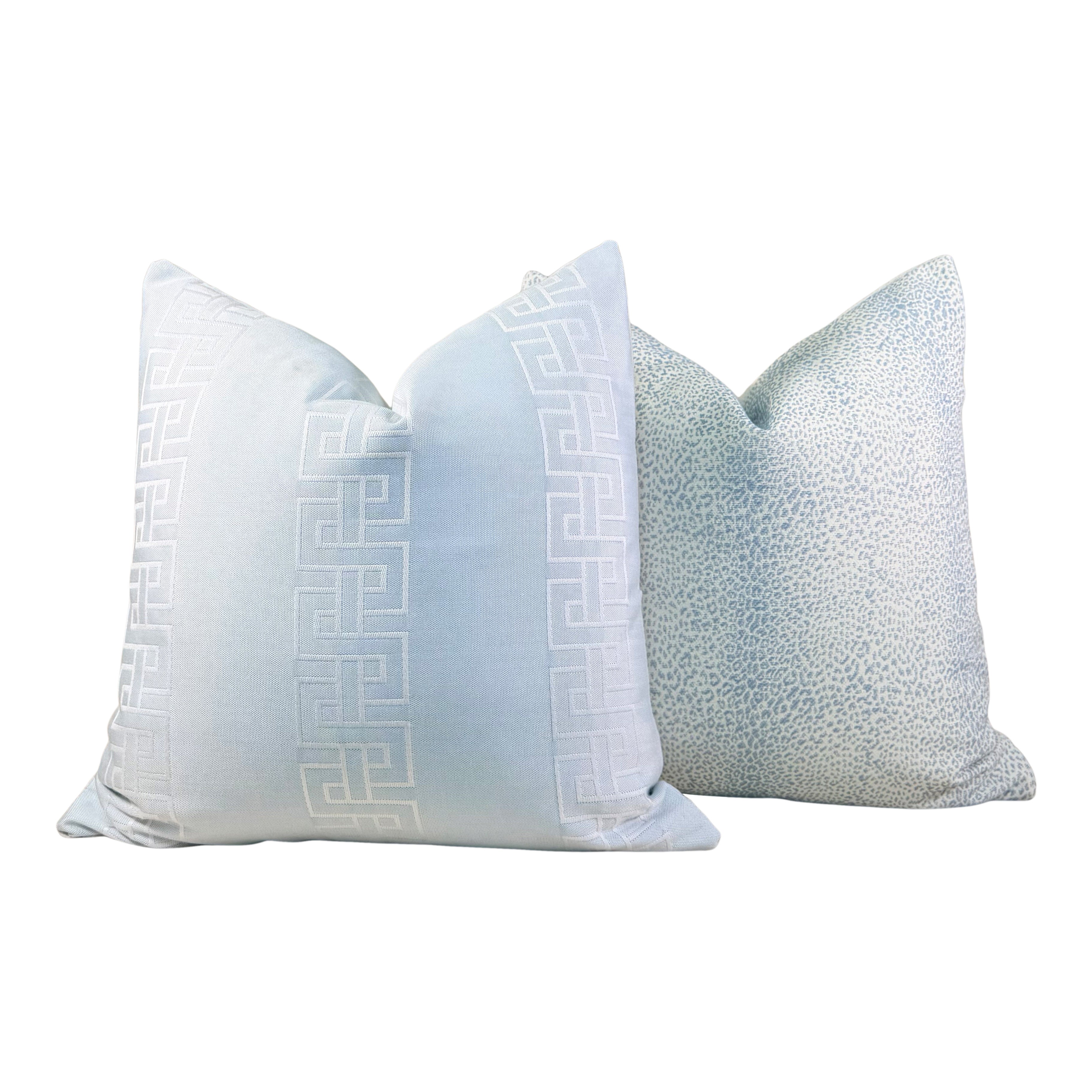 Outdoor Embroidered Greek Key Pillow - Ice Blue