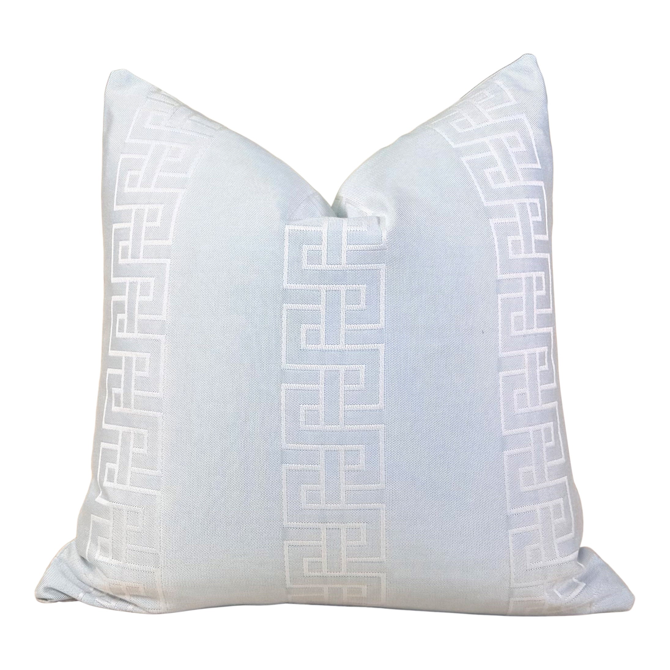 Outdoor Embroidered Greek Key Pillow - Ice Blue