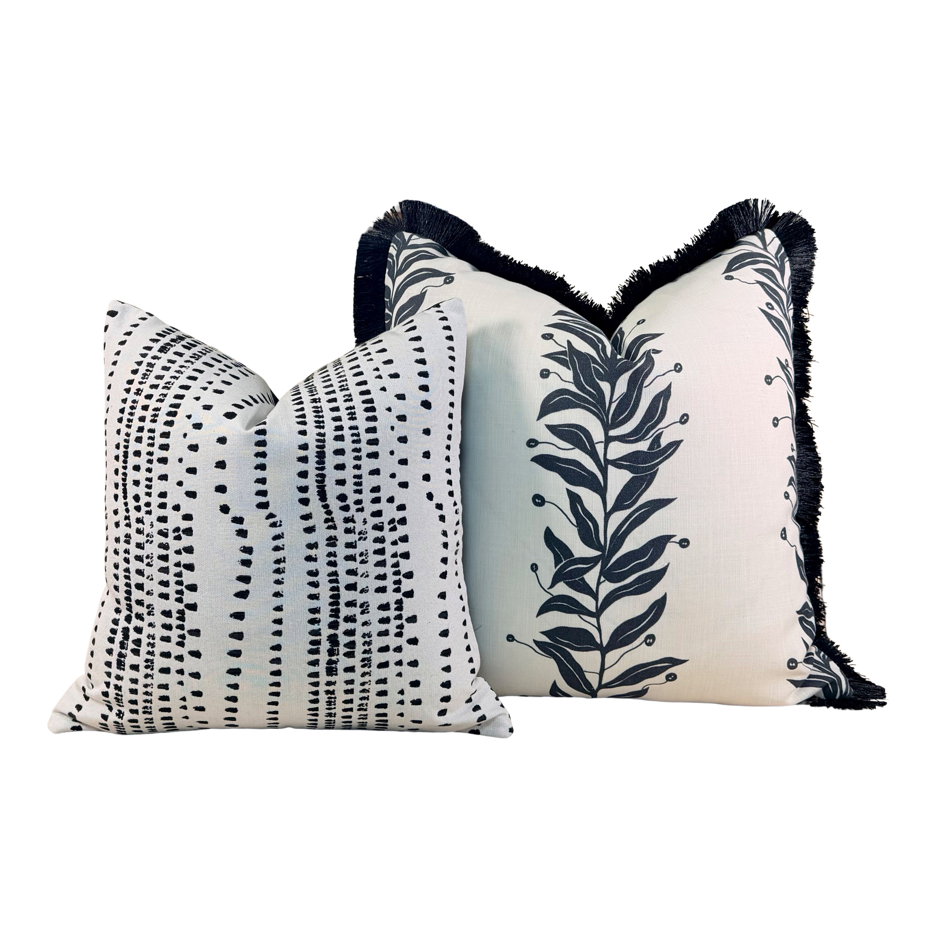 Schumacher Tendril Stripe Outdoor Pillow - Black, White, Black Brush Fringe