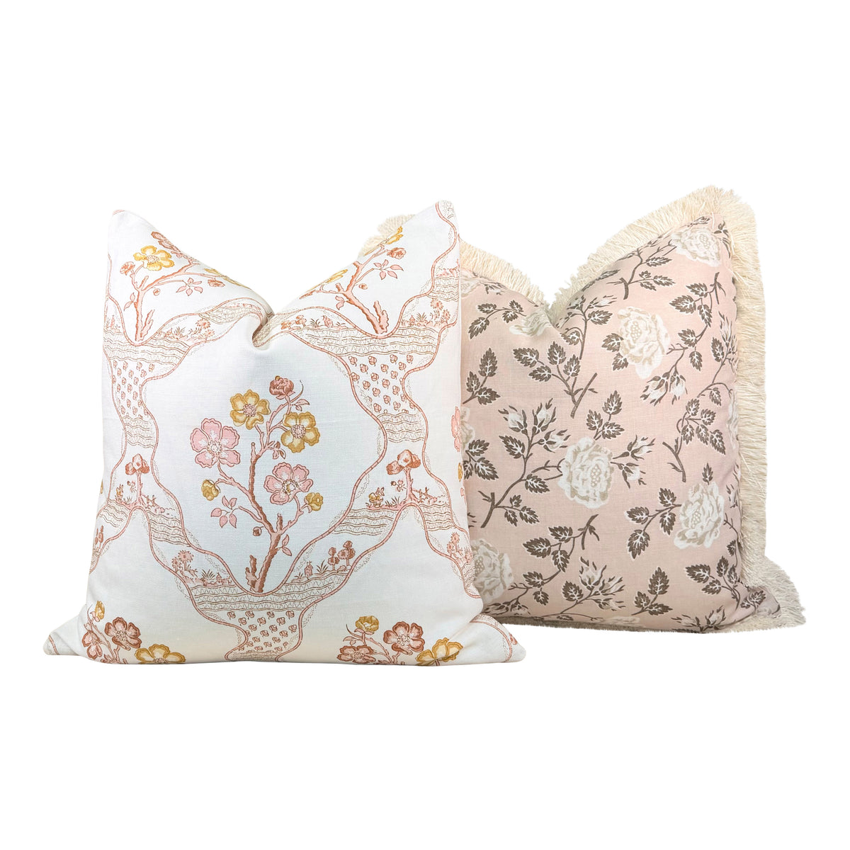 Schumacher Lavinia Floral Linen Pillow - Rose Pink, Cream Brush Trim