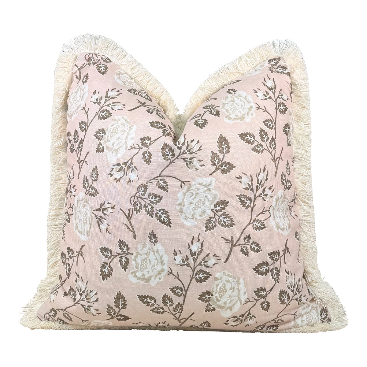 Schumacher Lavinia Floral Linen Pillow - Rose Pink, Cream Brush Trim
