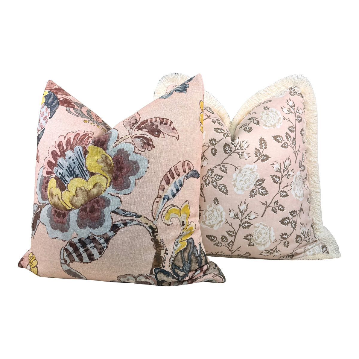 Schumacher Lavinia Floral Linen Pillow - Rose Pink, Cream Brush Trim