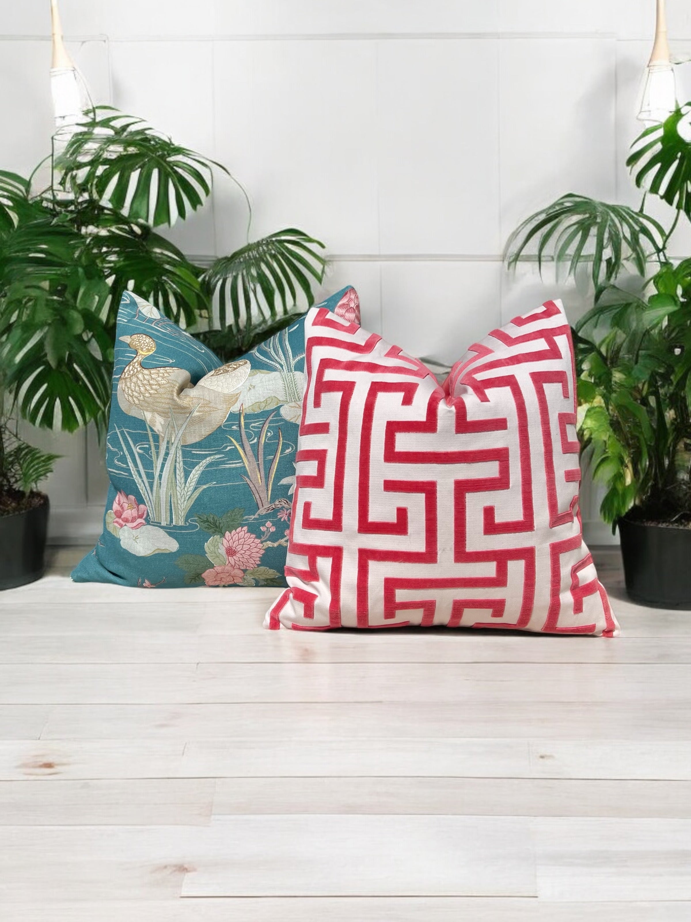 Lee Jofa Luzon Linen Pillow in Teal and Coral.