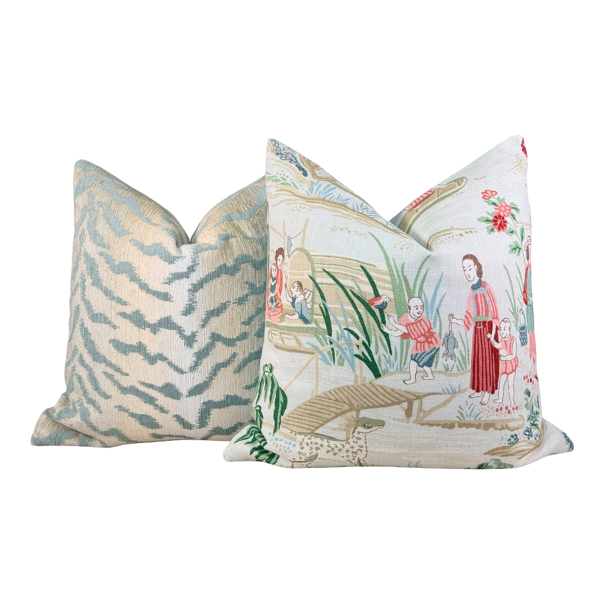 Tiger Stripes Woven Pillow -  Aqua Green, Beige