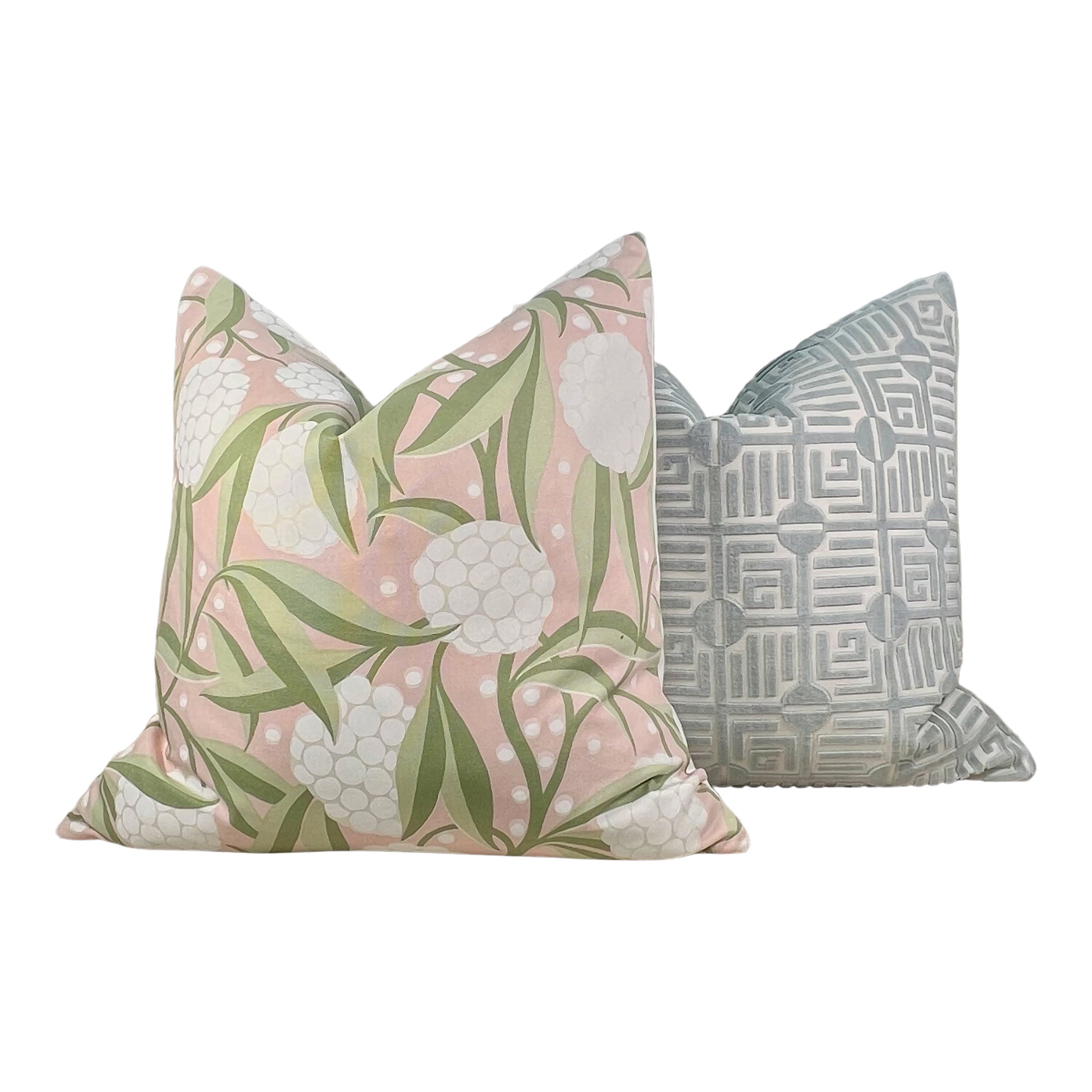 Schumacher Rubus Pillow in Blush and Sage Green.