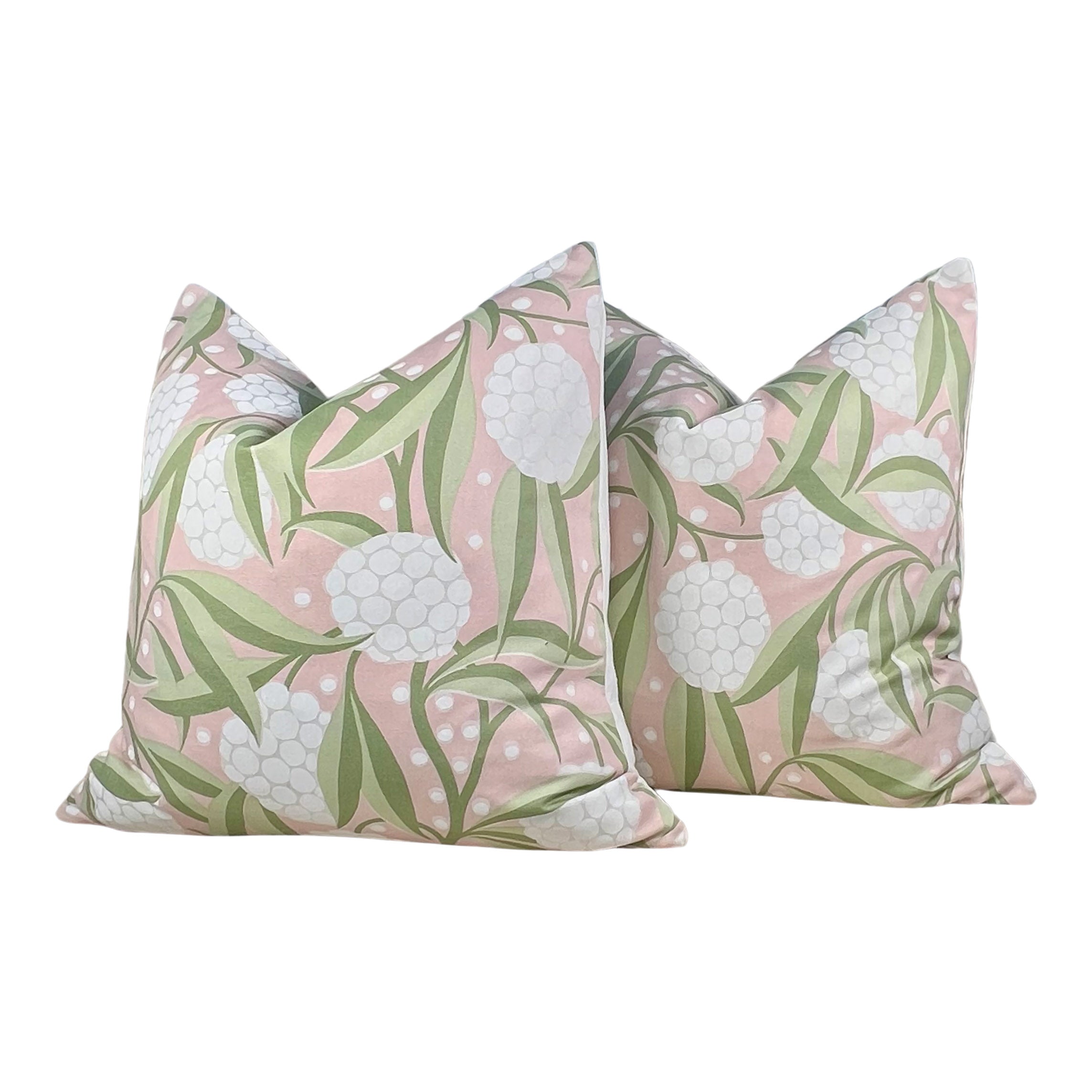 Schumacher Rubus Pillow in Blush and Sage Green.