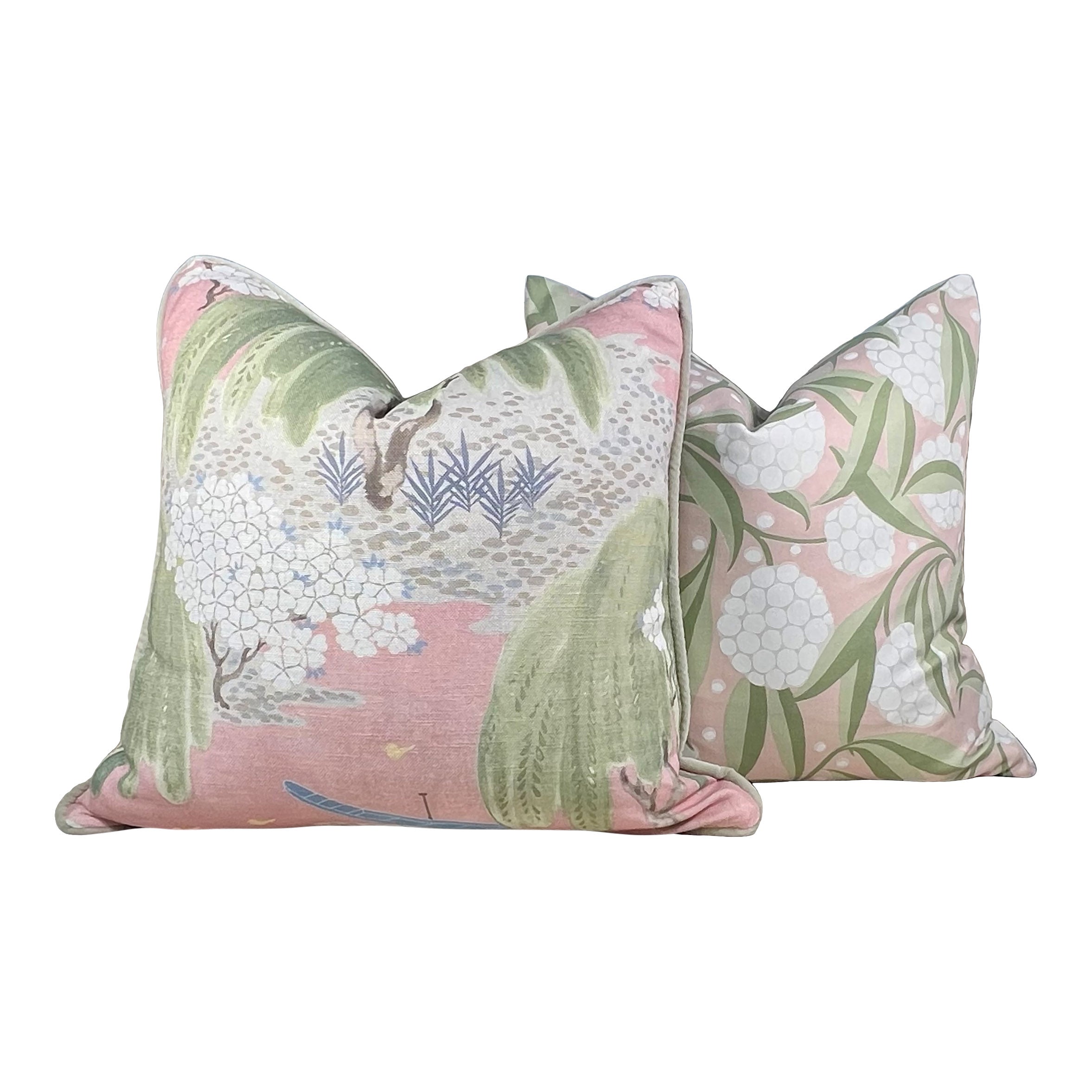 Schumacher Rubus Pillow in Blush and Sage Green.