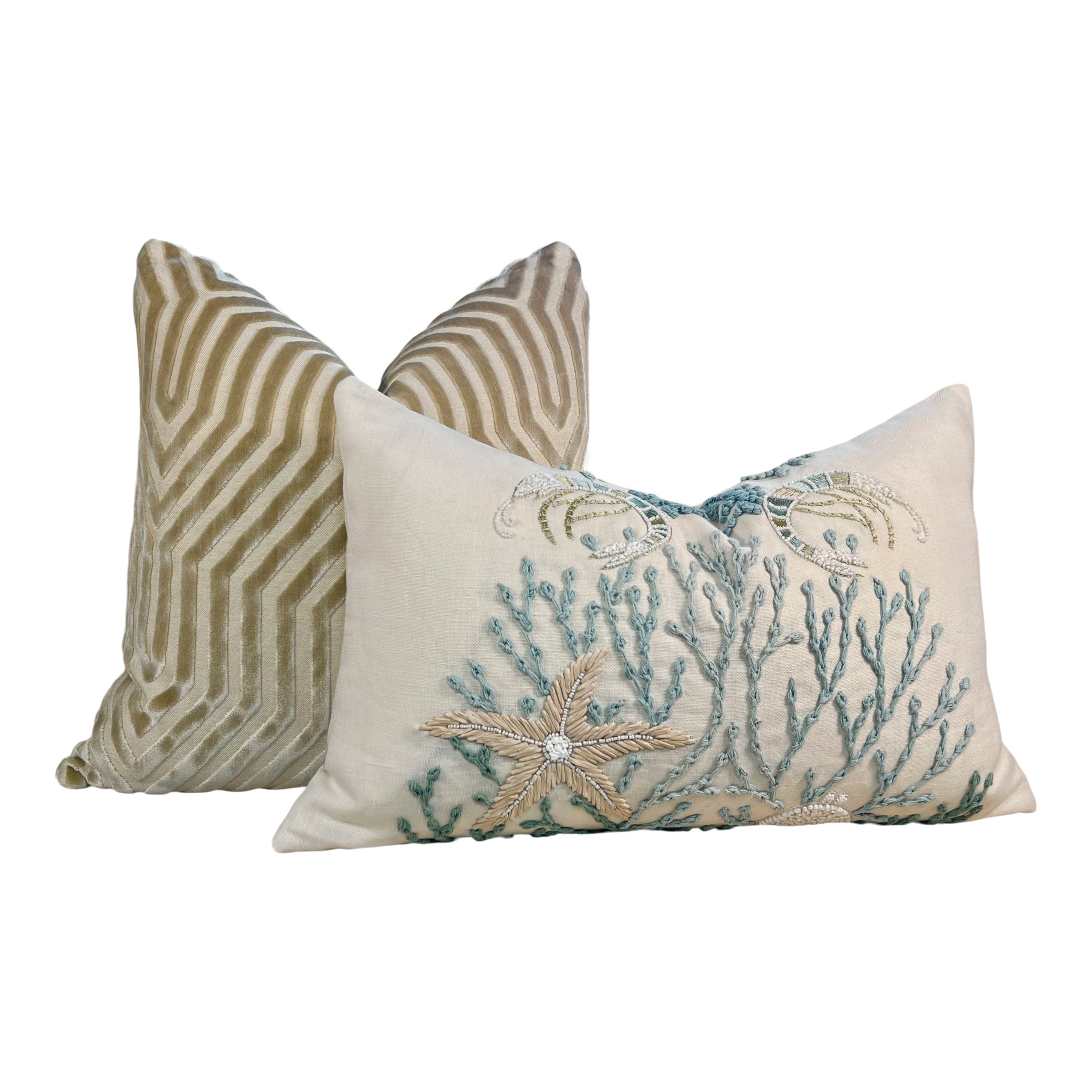 Schumacher Sea Life Embroidered Pillow in Seafoam