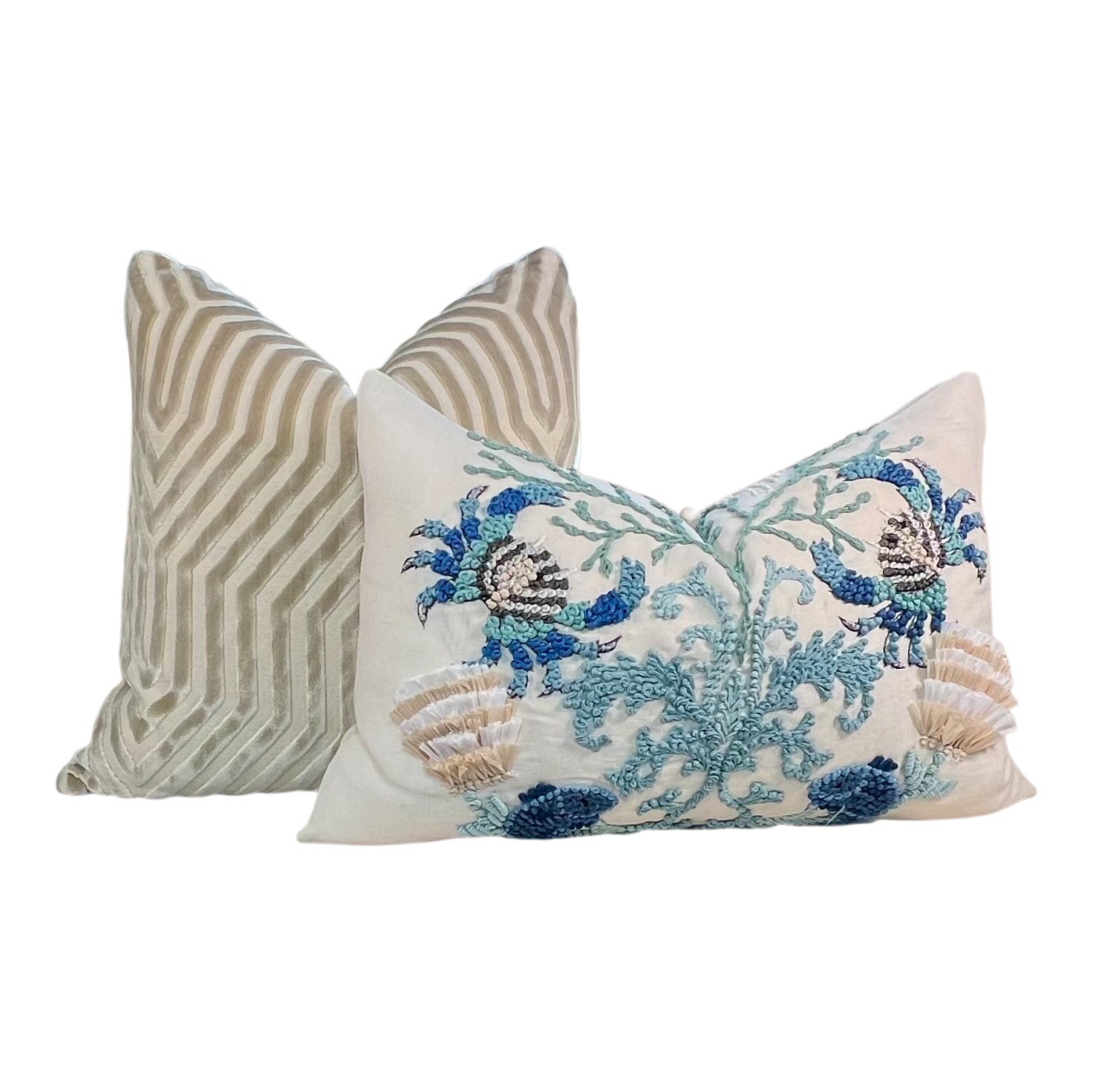 Schumacher Sea Life Embroidered Pillow in Seafoam