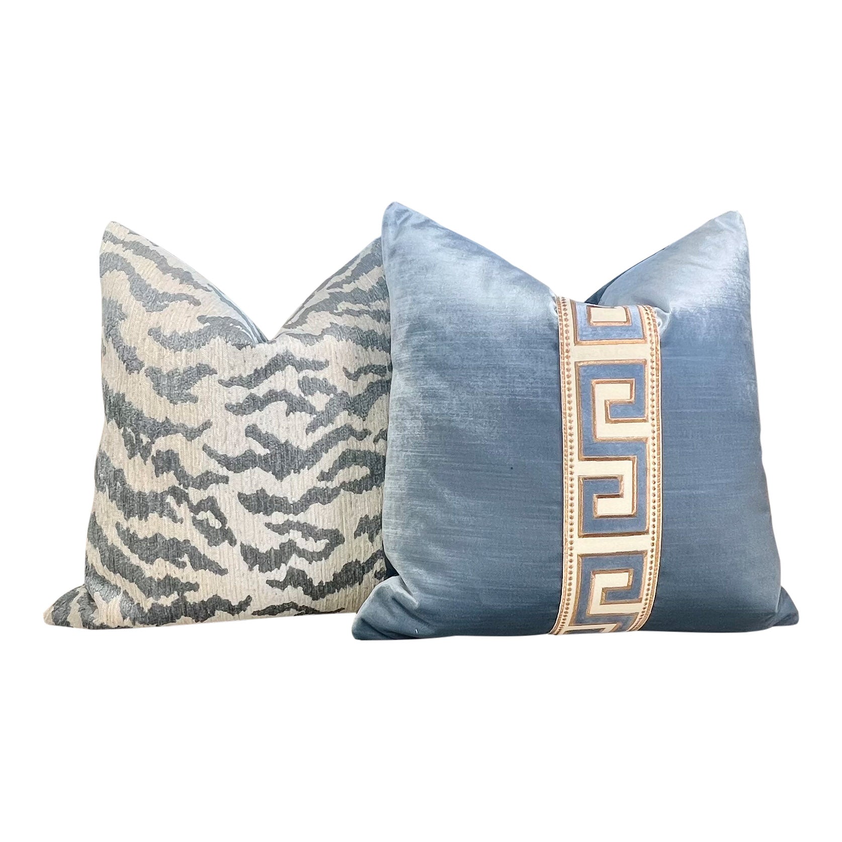 Designer Greek Key Velvet Pillow in Luminous Blue.