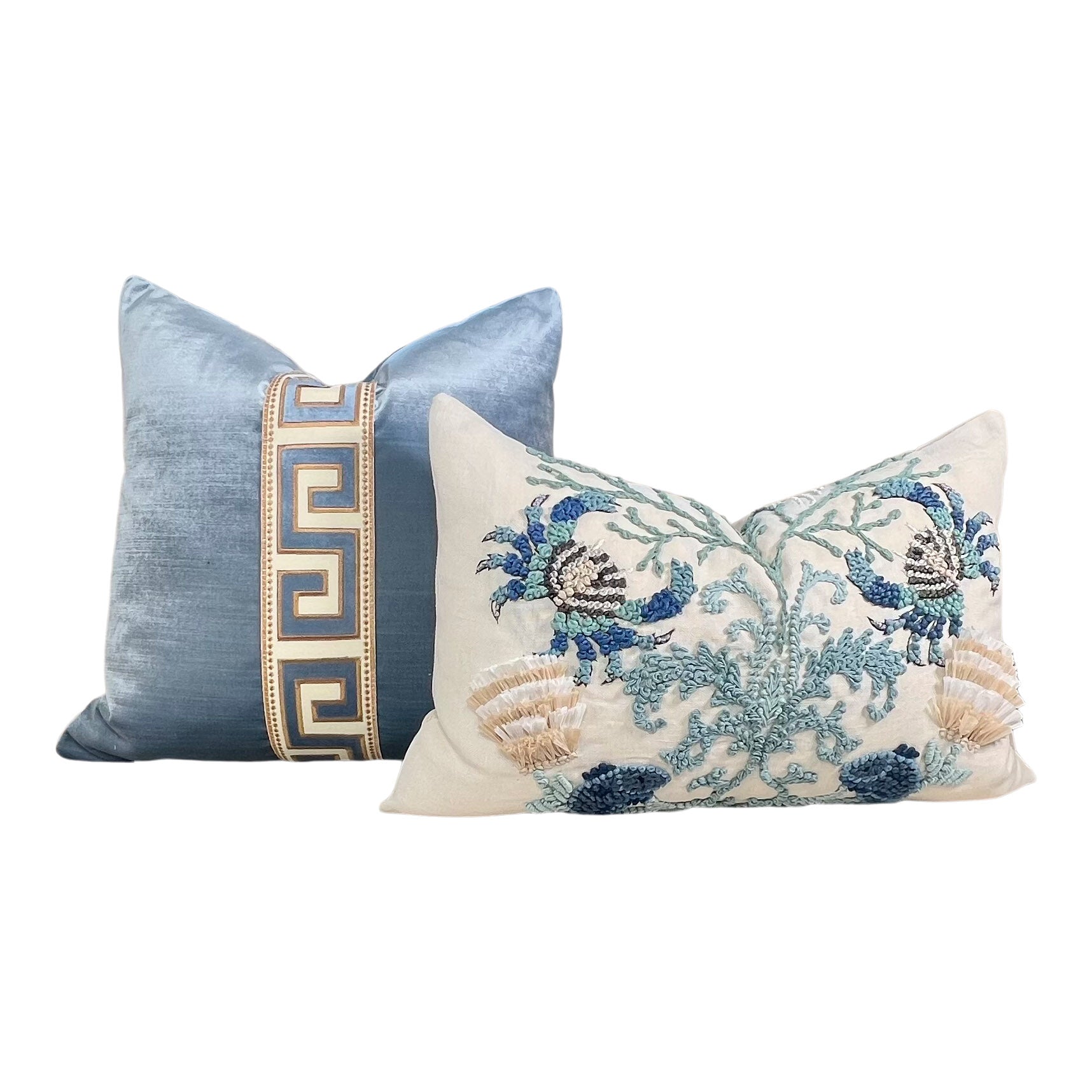 Designer Greek Key Velvet Pillow in Luminous Blue.