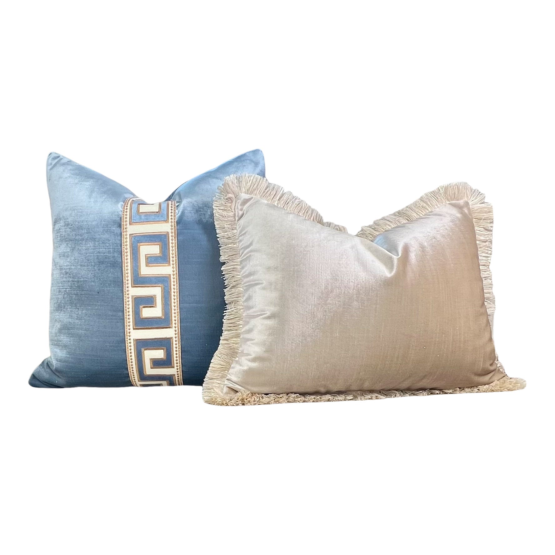 Designer Greek Key Velvet Pillow in Luminous Blue.
