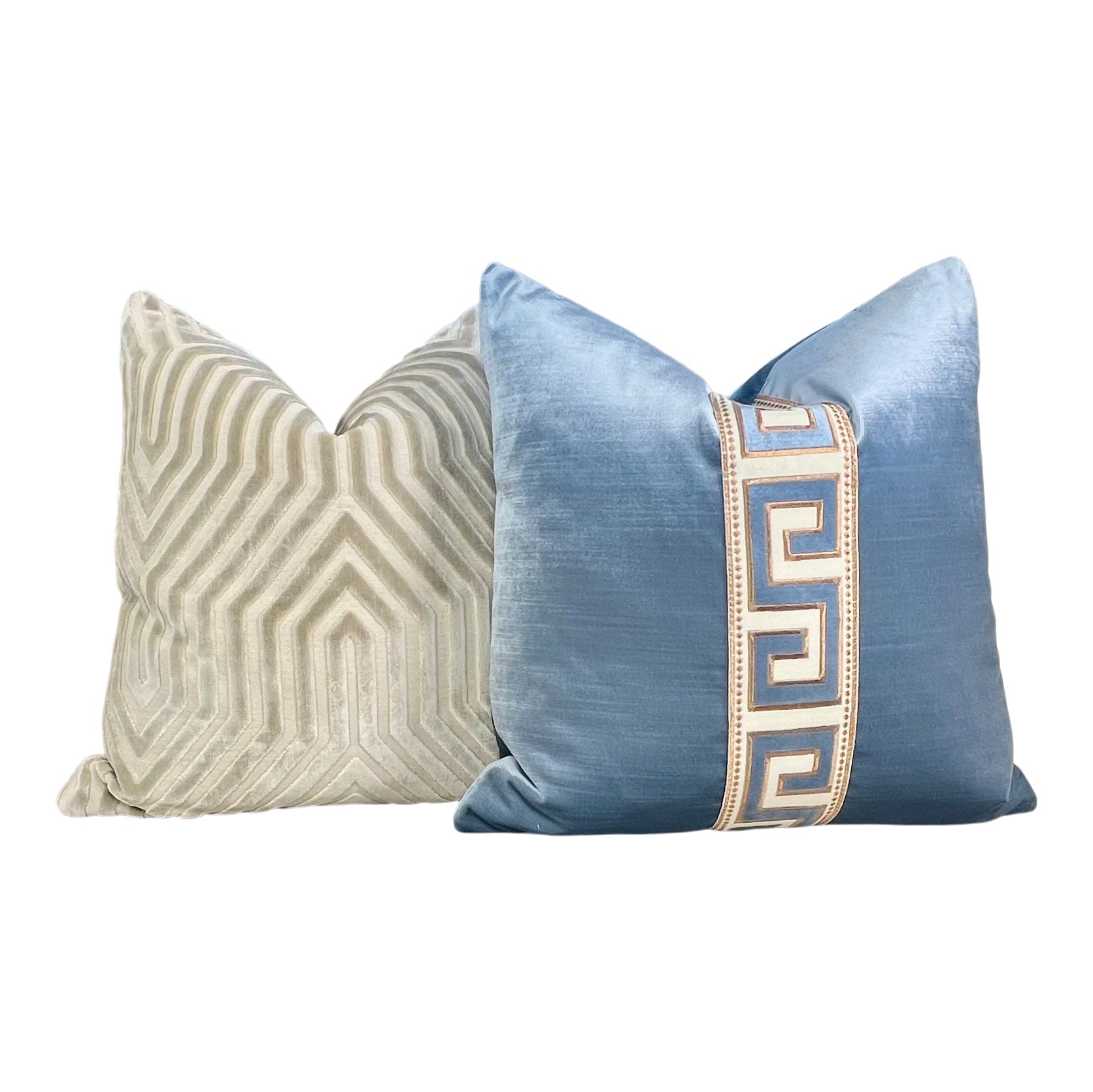 Designer Greek Key Velvet Pillow in Luminous Blue.
