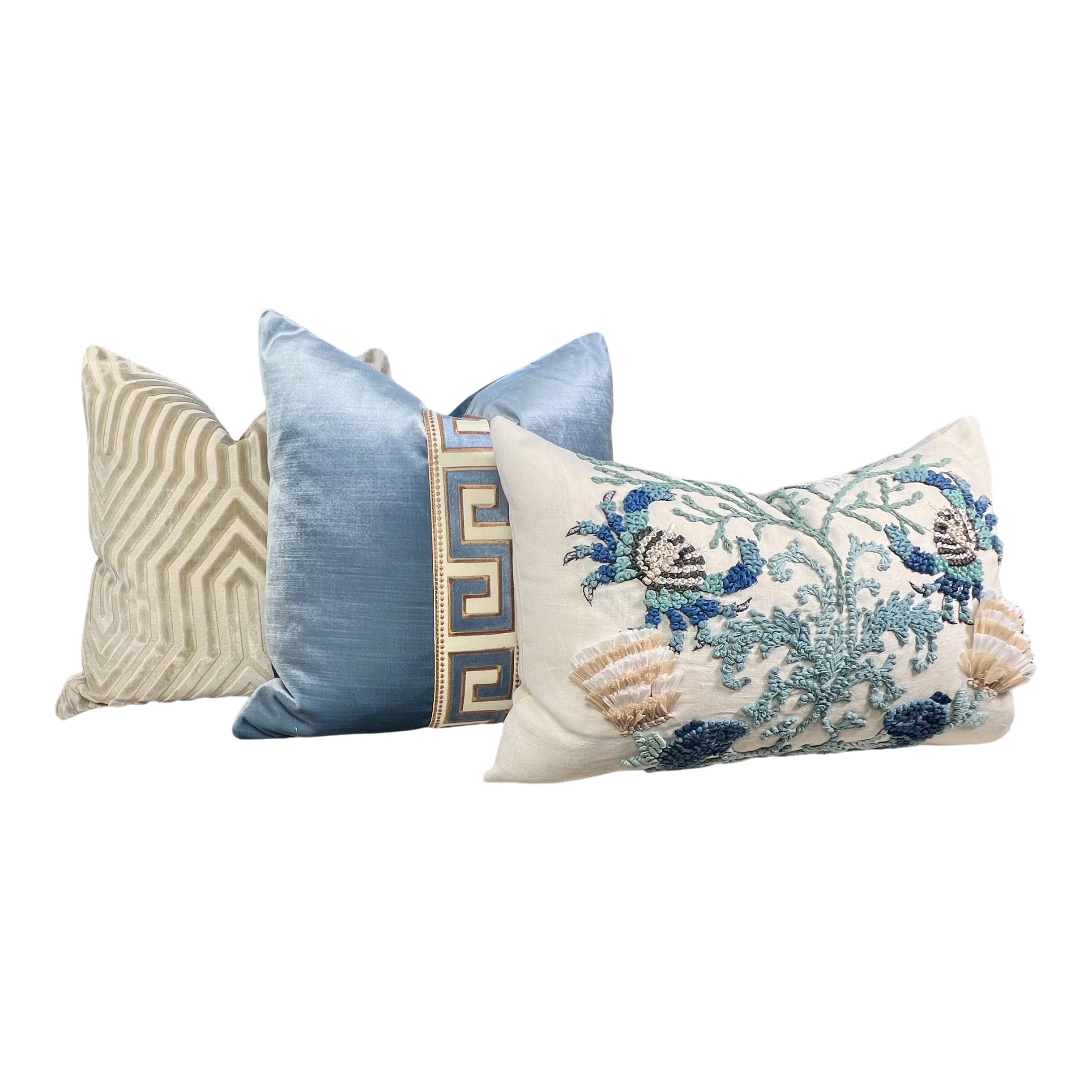 Designer Greek Key Velvet Pillow in Luminous Blue.