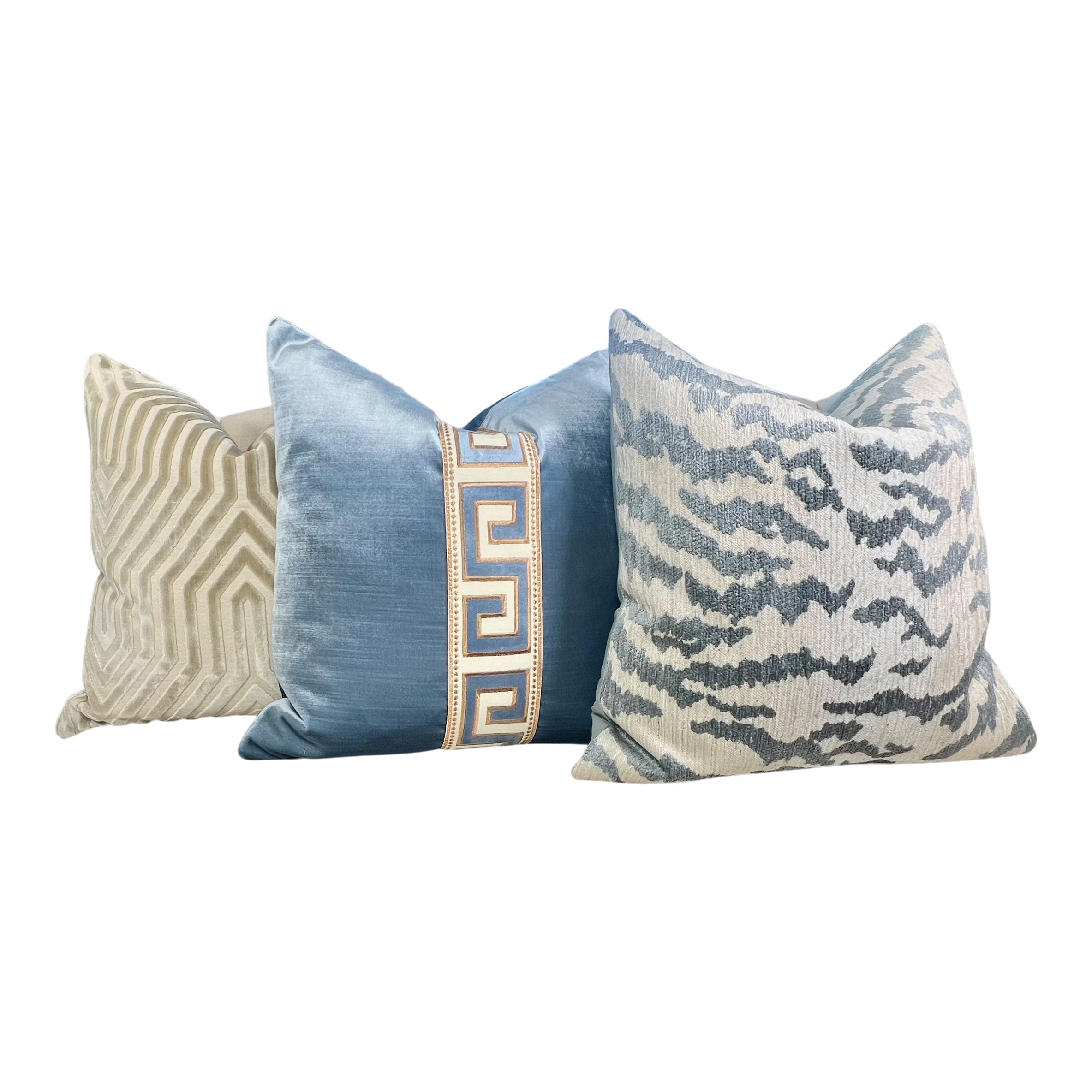Designer Greek Key Velvet Pillow in Luminous Blue.