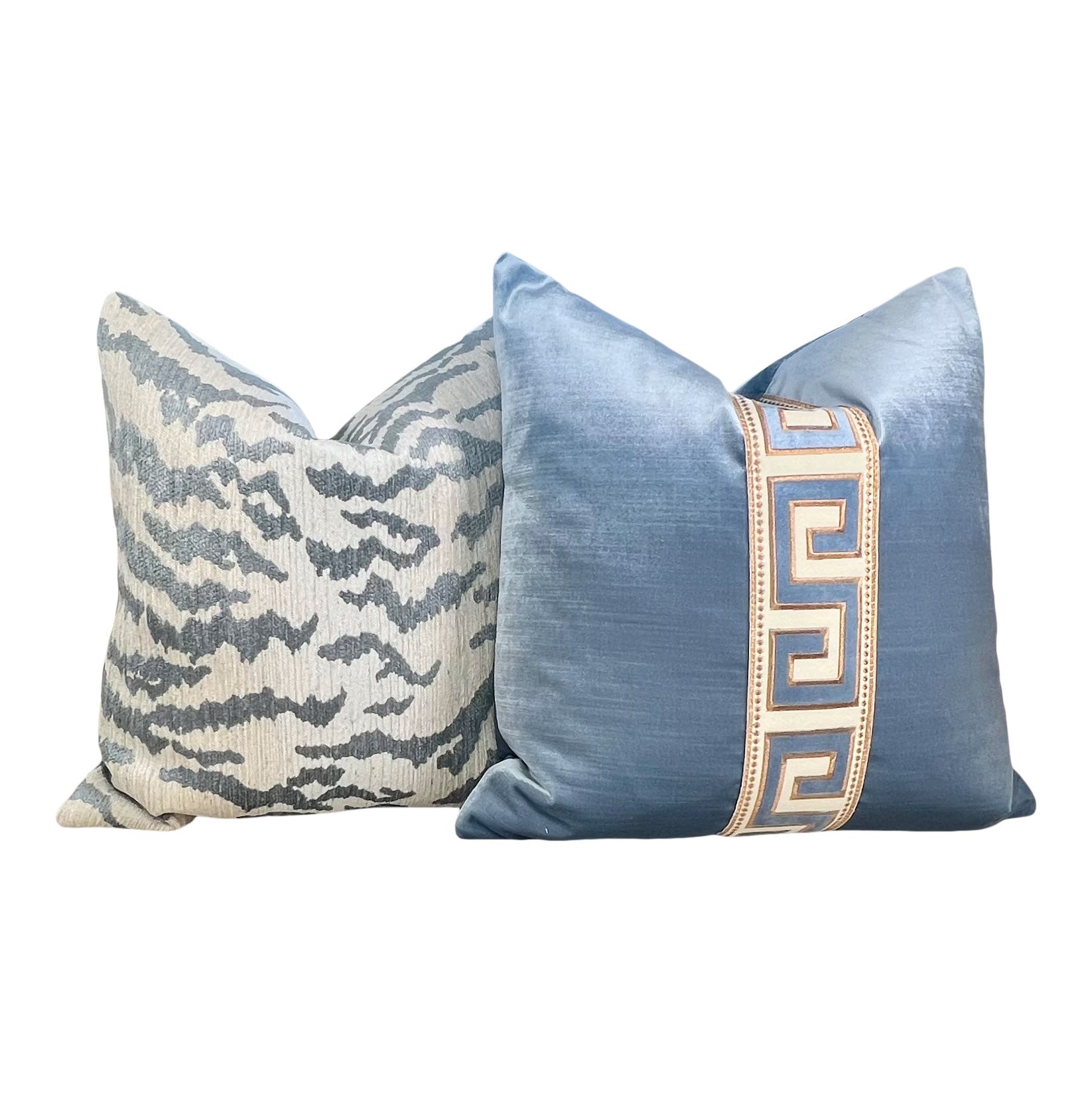 Designer Greek Key Velvet Pillow in Luminous Blue.