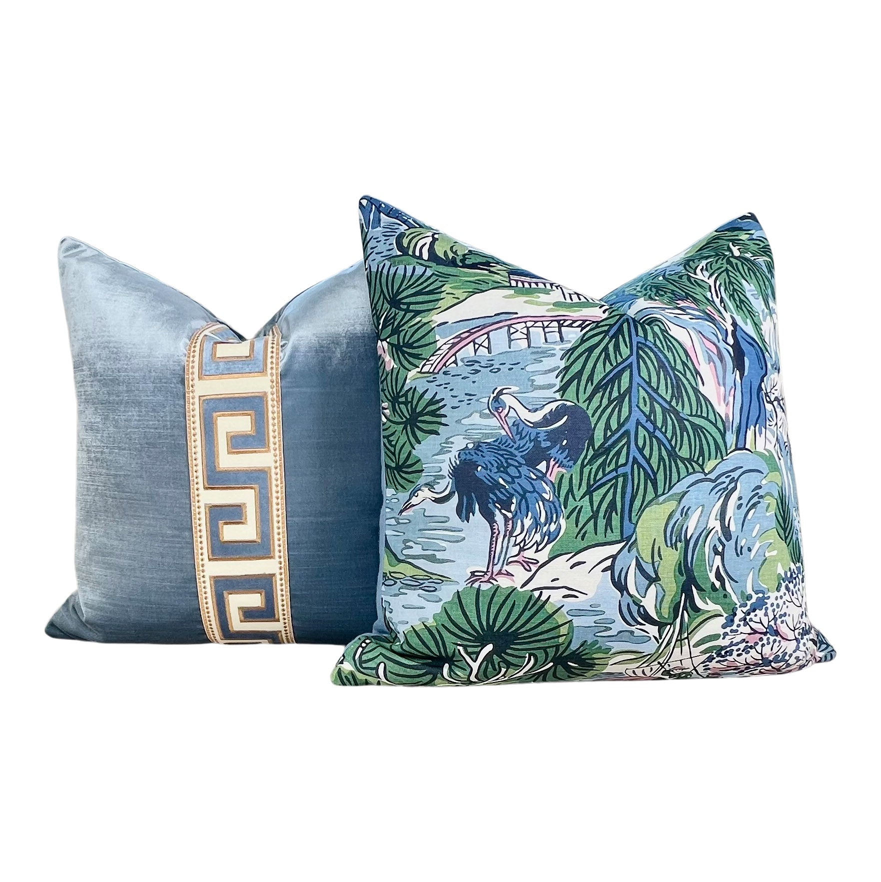 Designer Greek Key Velvet Pillow in Luminous Blue.