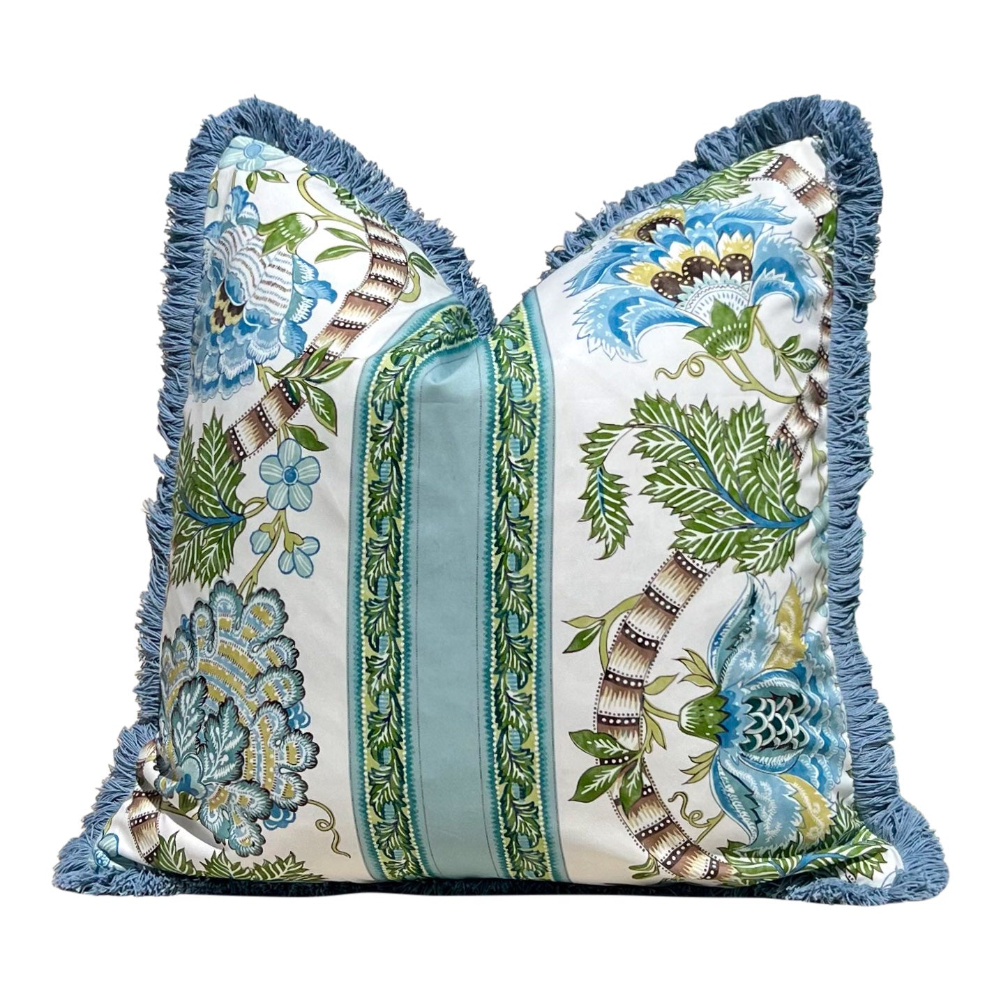 Brunschwig and Fills Lauris Pillow in Aqua and Green with Blue Brush Trim.